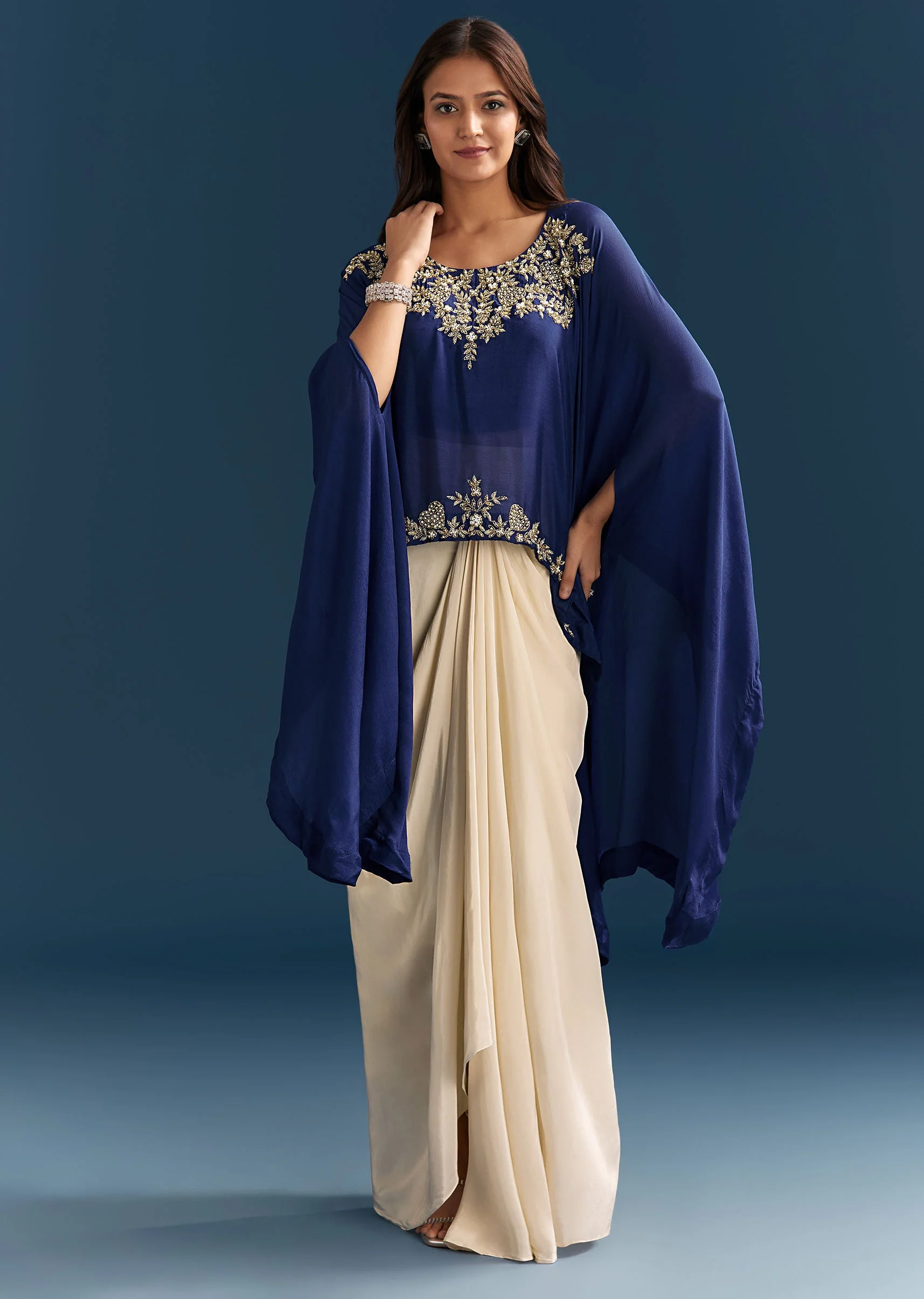 Blue Cape Crop Top Skirt With Moti And Cut Dana Work - Image 5