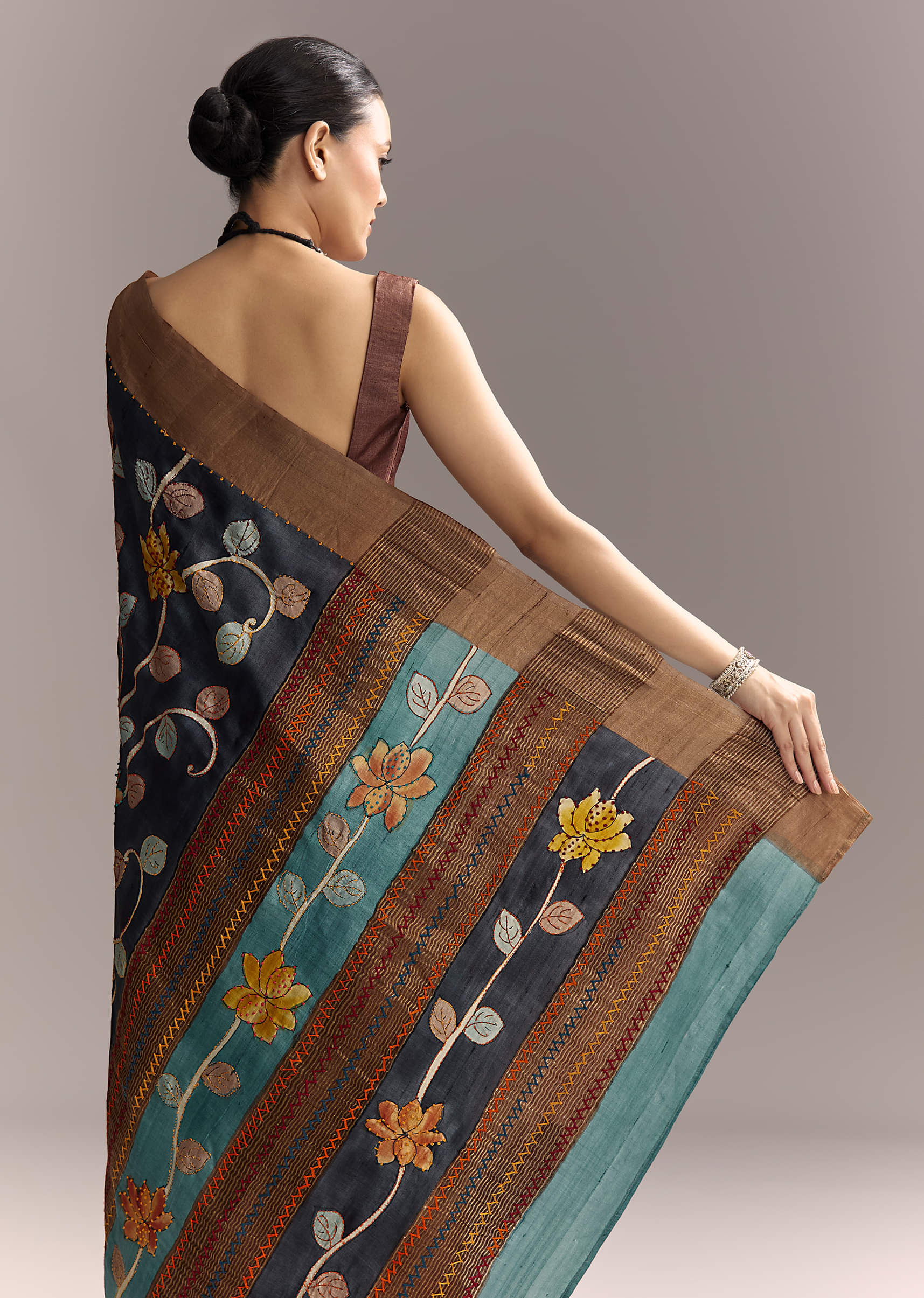 Blue Cotton Hand Painted Saree With Floral Motifs And Brown Border - Image 6