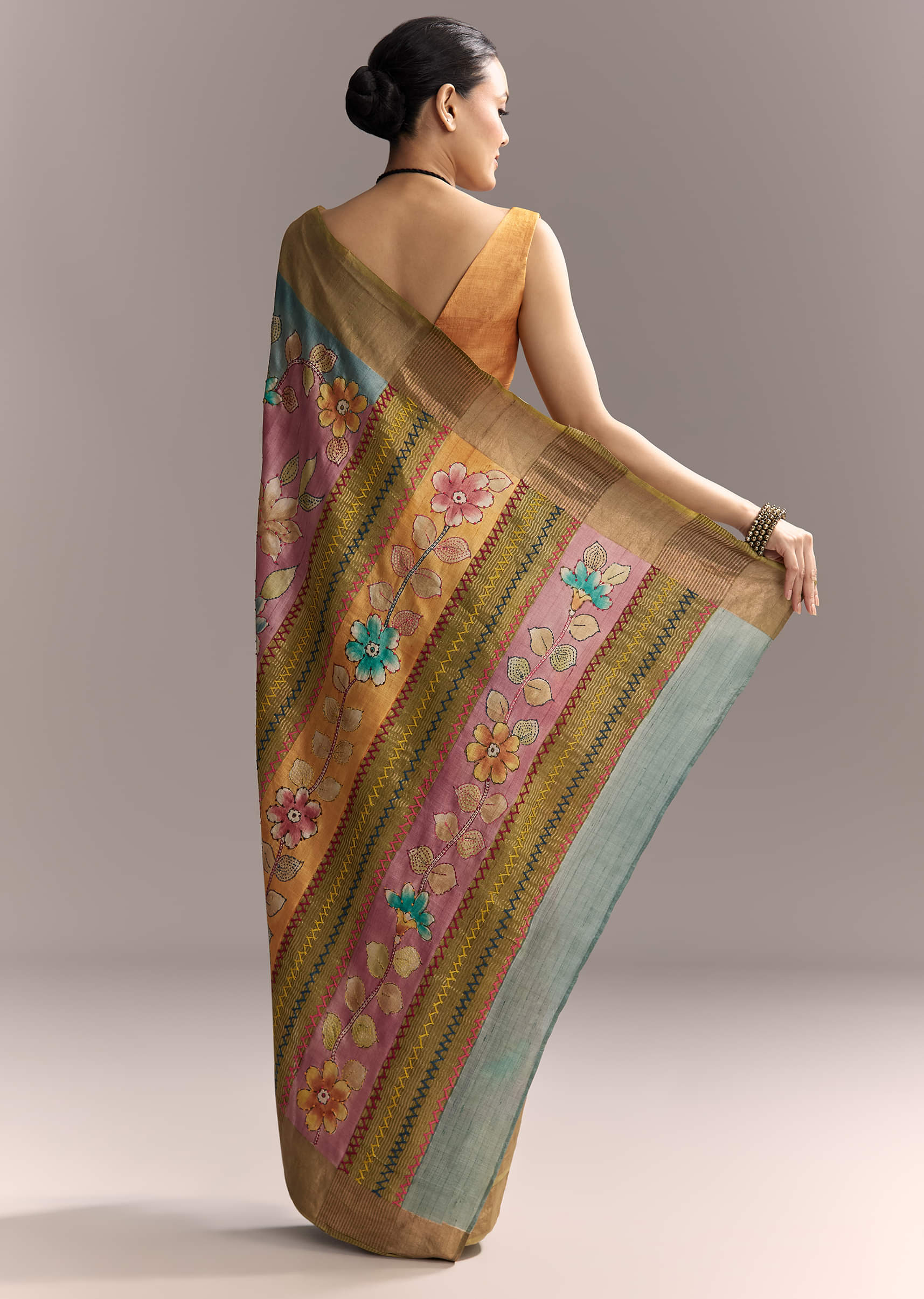 Blue Cotton Saree With Hand Painted Motifs And Brown Border - Image 4