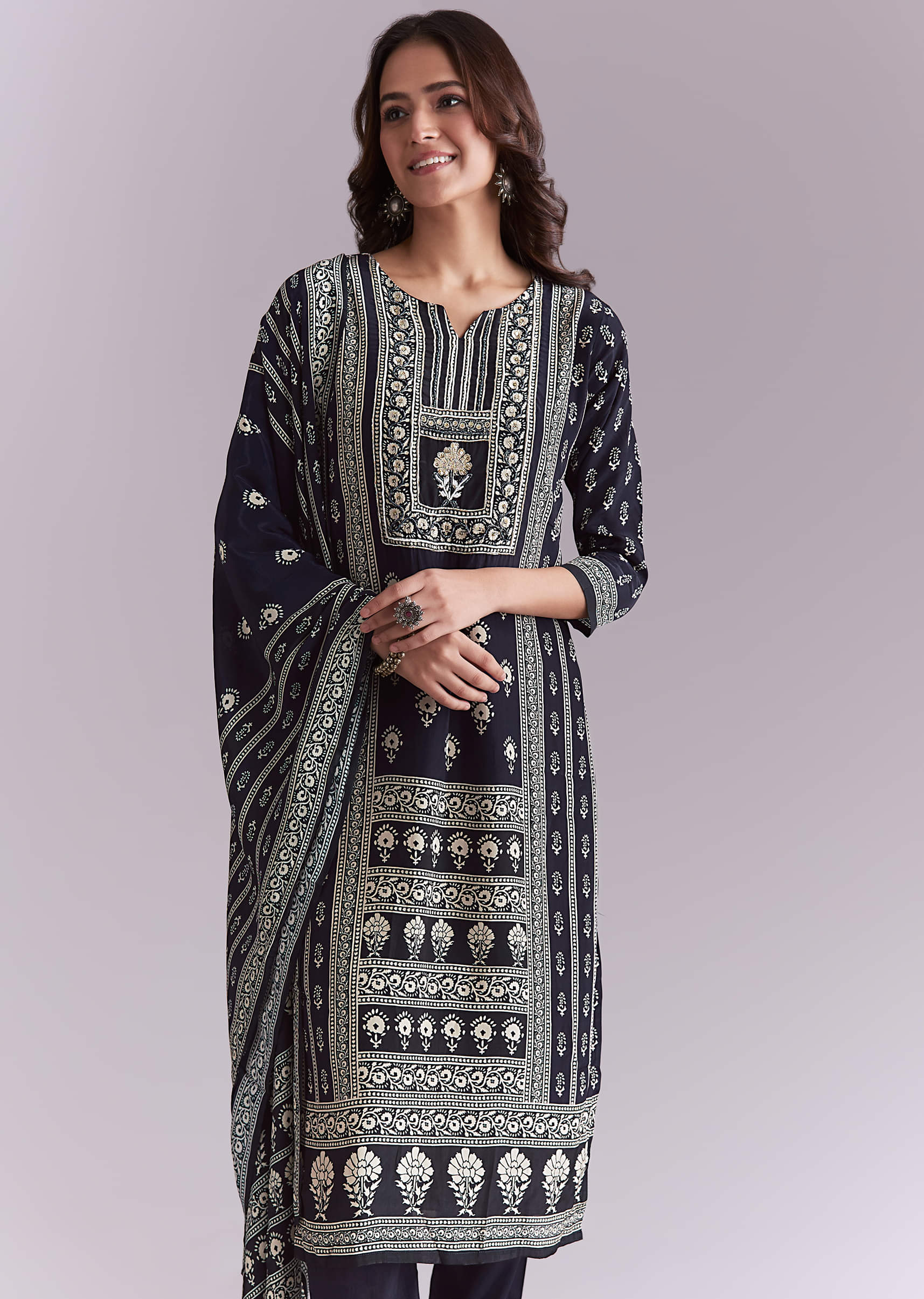 Blue Crepe Kurta Set With Indie Print And Moti Detail - Image 4