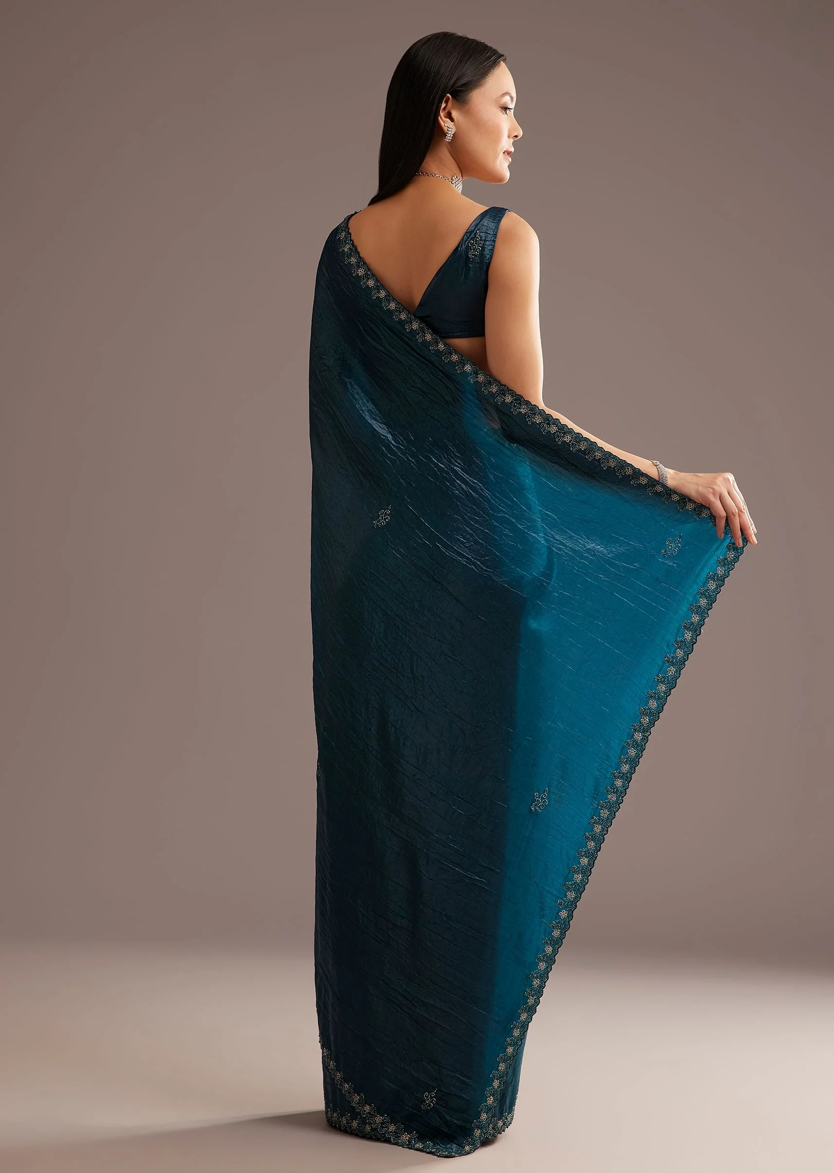 Blue Crushed Tissue Silk Saree With Cutdana Scallop Border - Image 6