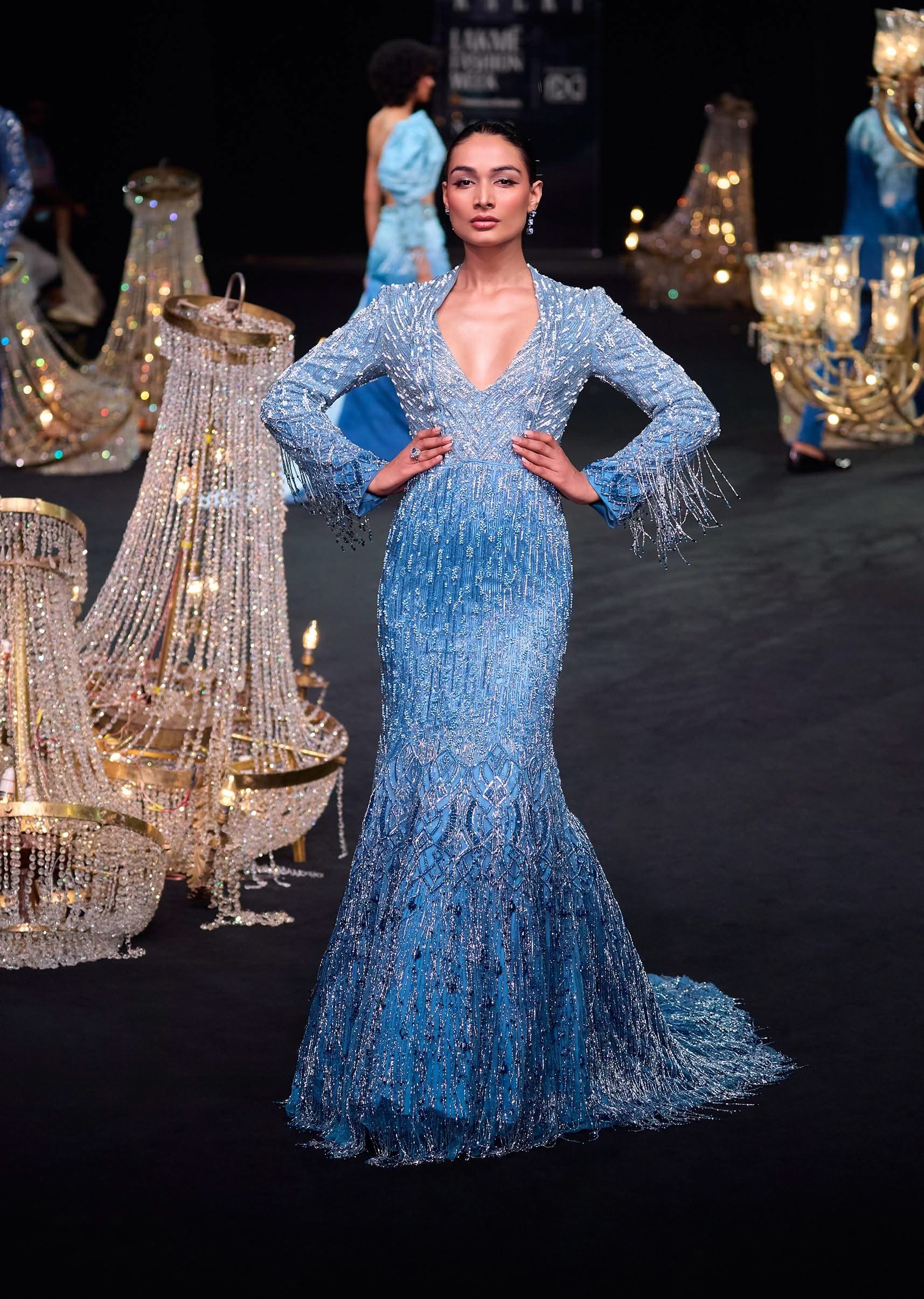 Blue Fish Cut Ombre Trail Embroidered Gown
