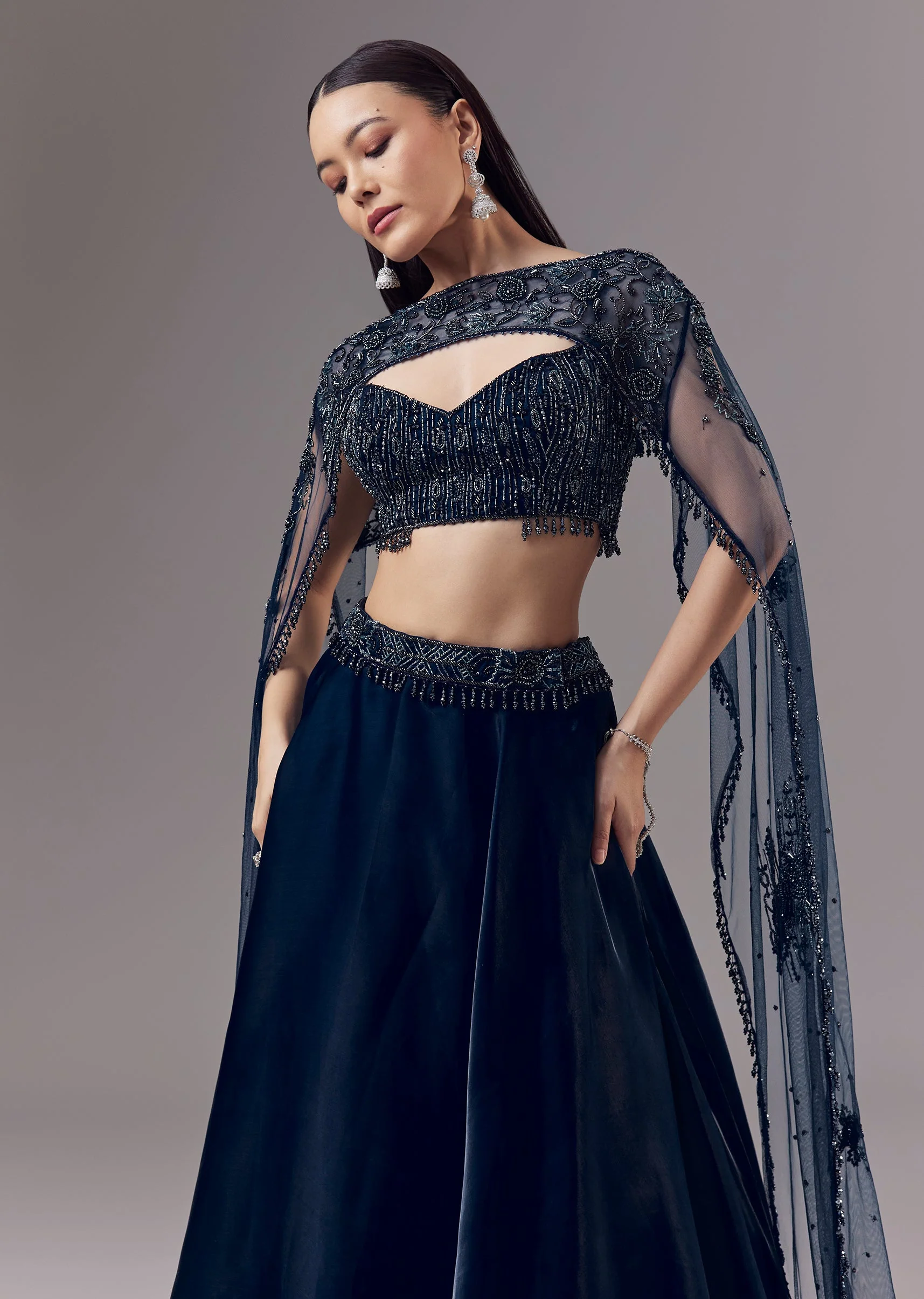 Blue Embellished Organza Cape and Lehenga Set - Image 5