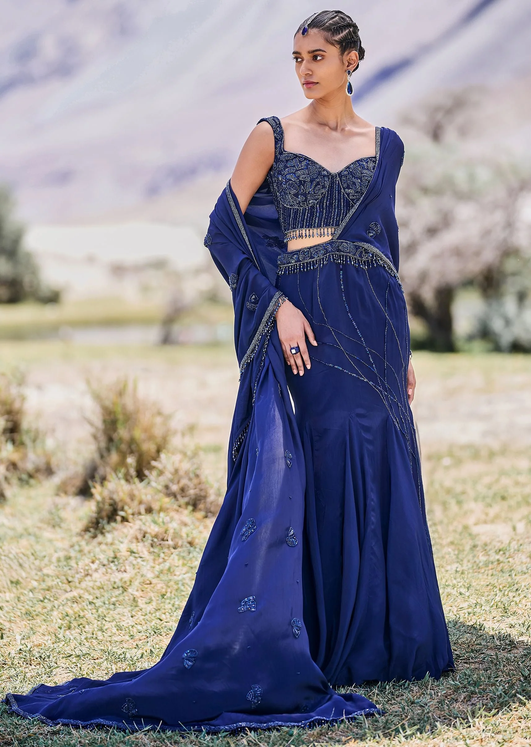 Blue Embroidered Asymmetric Fishcut Crepe Skirt With Blouse And Pallu - Image 3