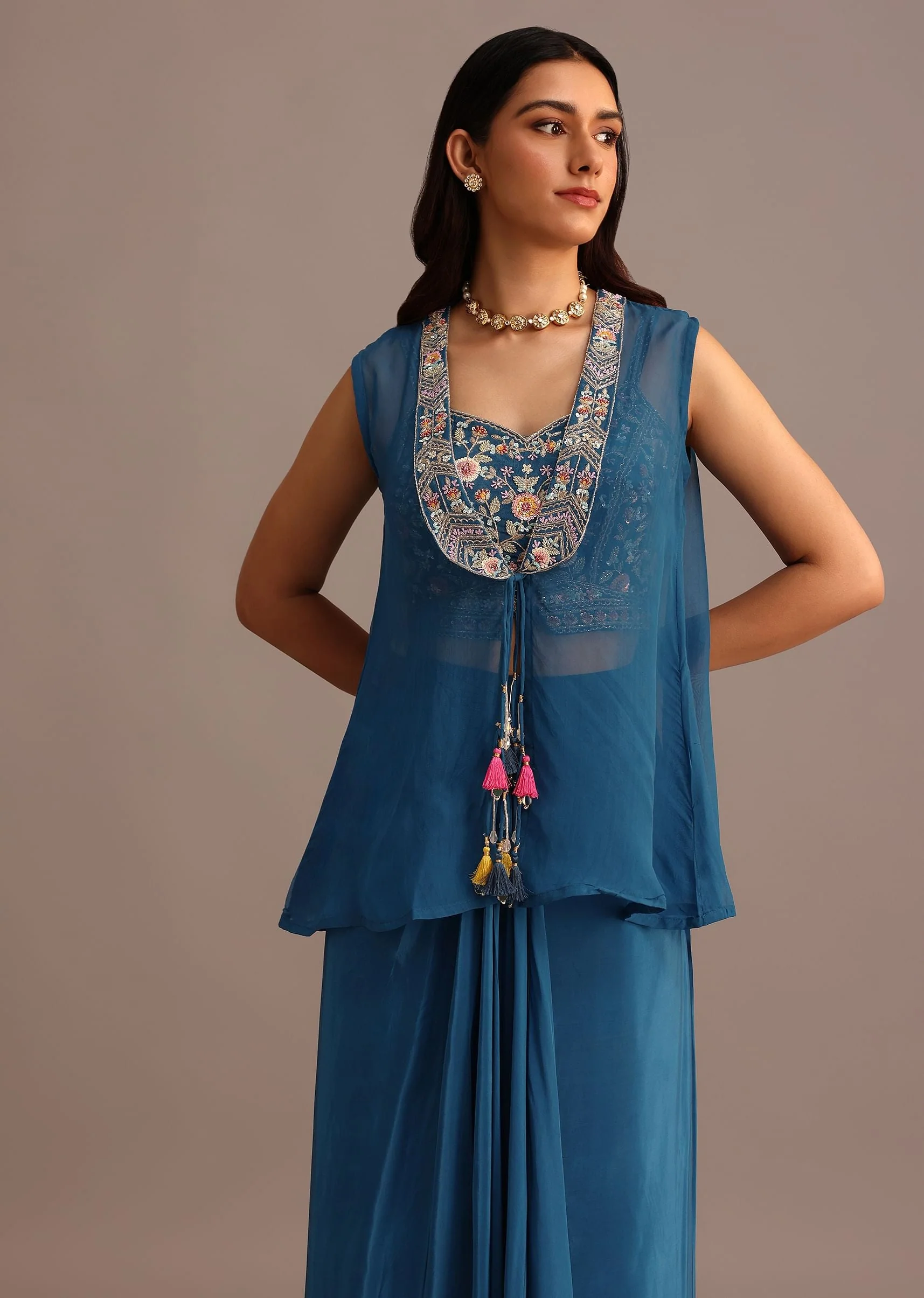 Blue Embroidered Croptop With Drape Skirt And Organza Jacket - Image 2