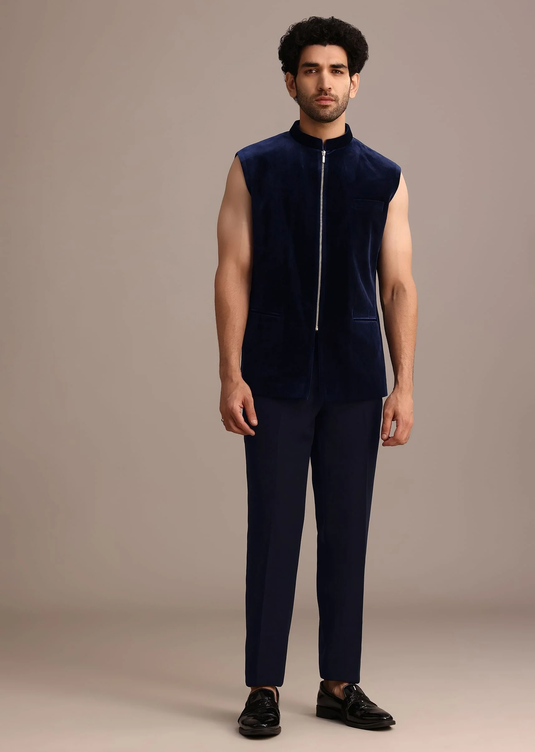 Blue Embroidered Indo Western Set in Velvet - Image 6