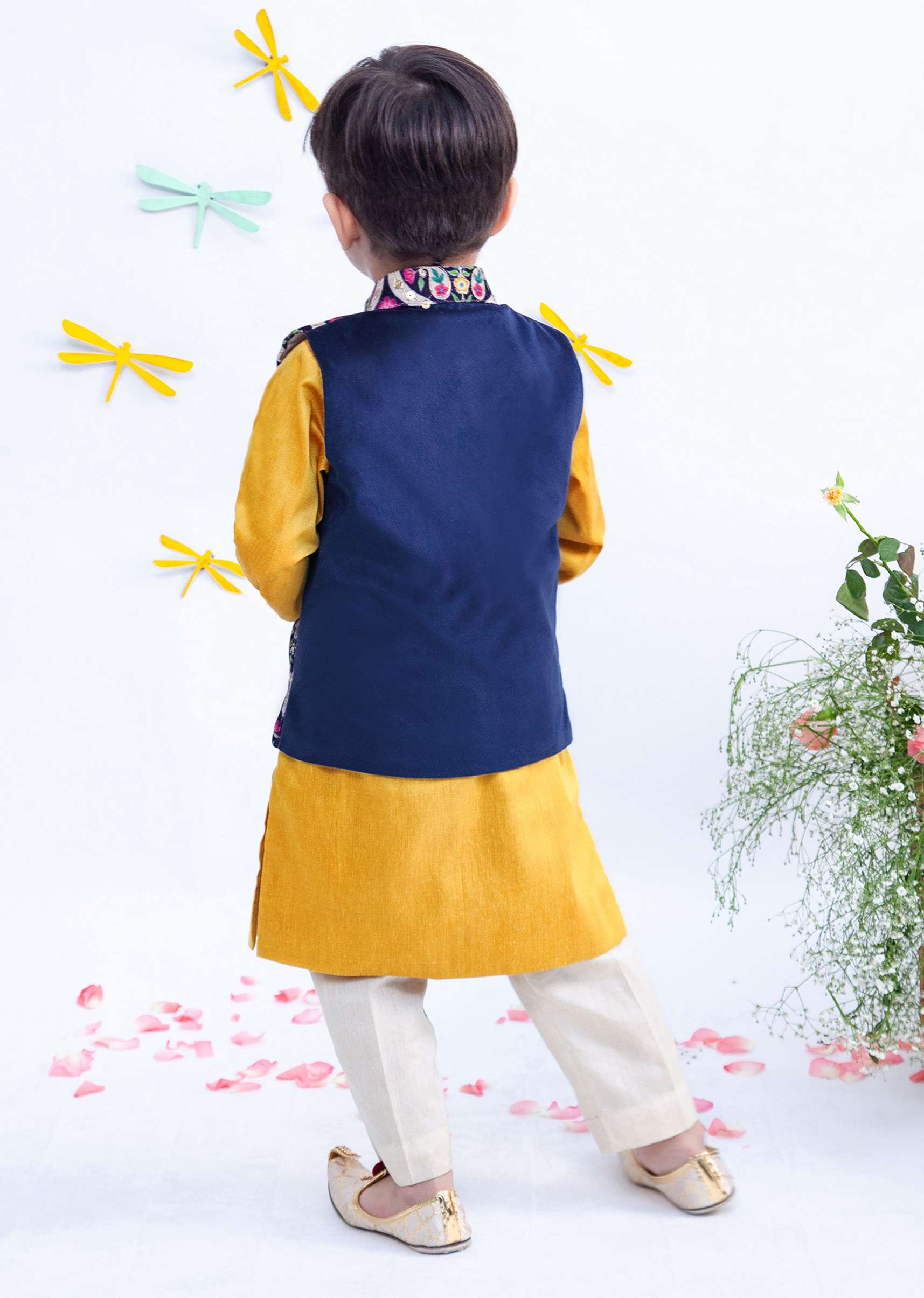 Kalki Boys Blue Embroidered Nehru Jacket In Velvet With Yellow Kurta And Pant By Fayon Kids - Image 6