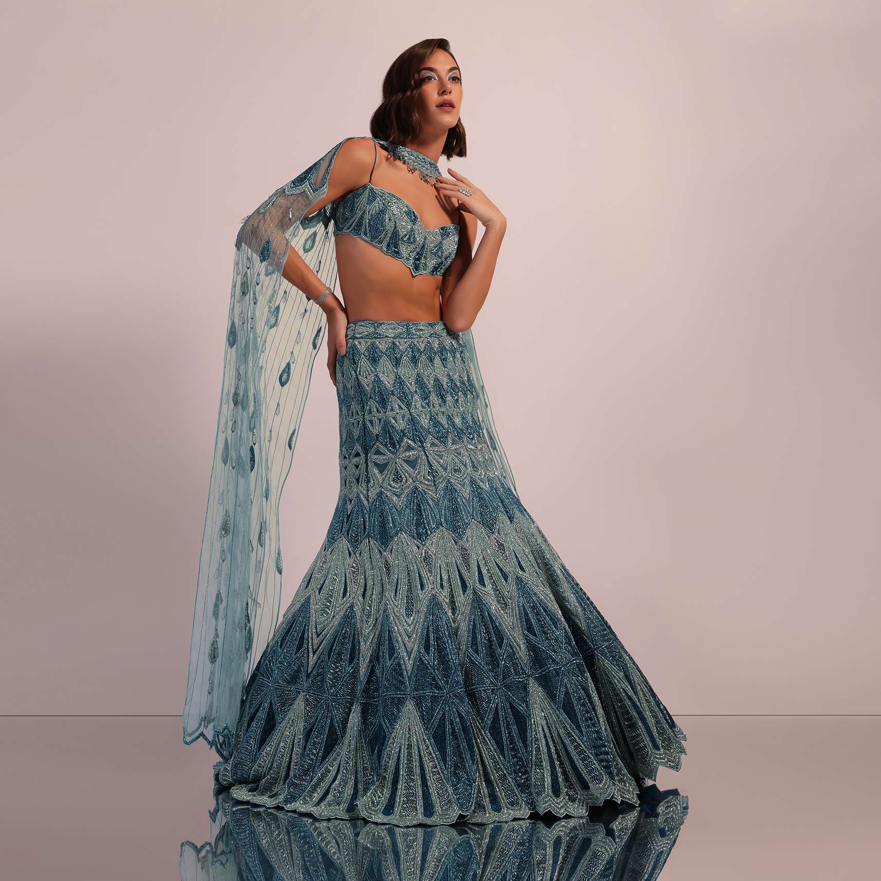 Blue Fish Cut Bridal Lehenga Set In Net With Hand Embroidery - Image 8