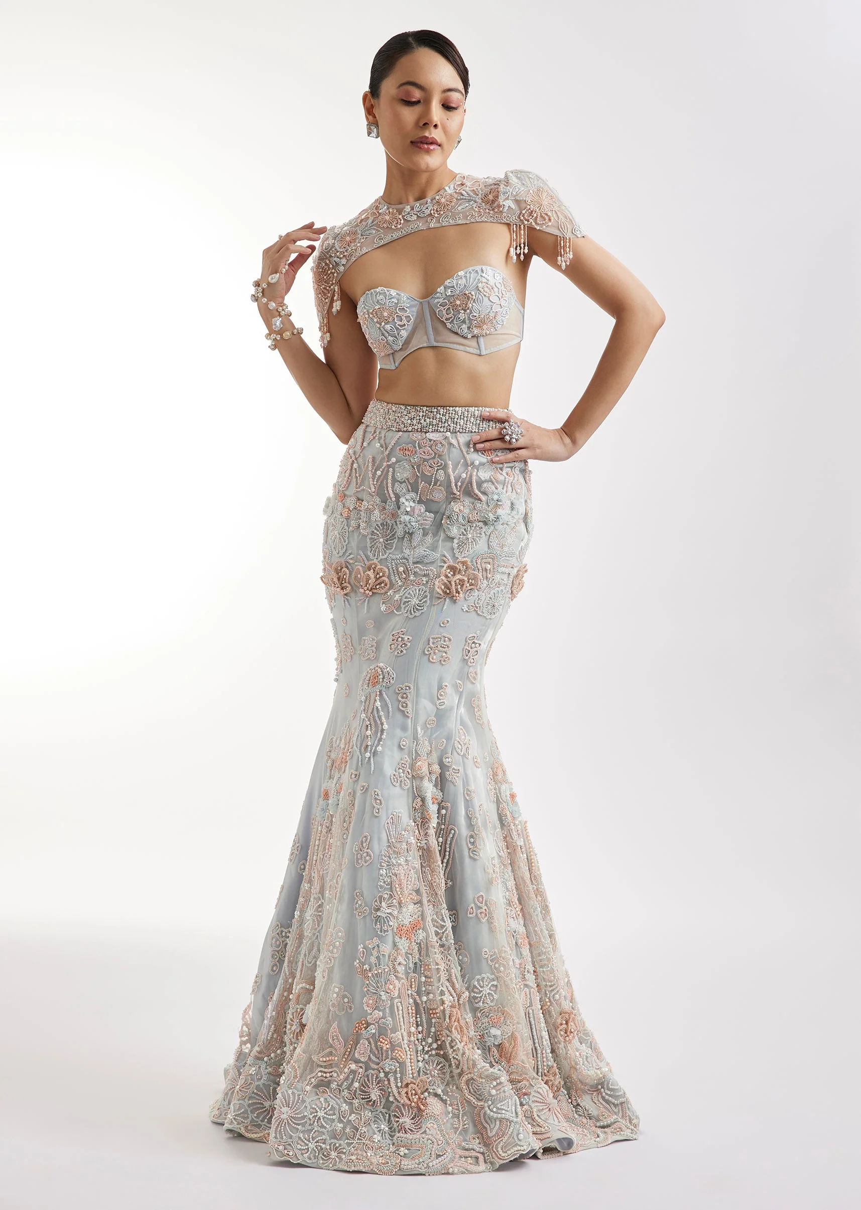 Blue Fish Cut Lehenga Set With Embellished Cape - Image 2