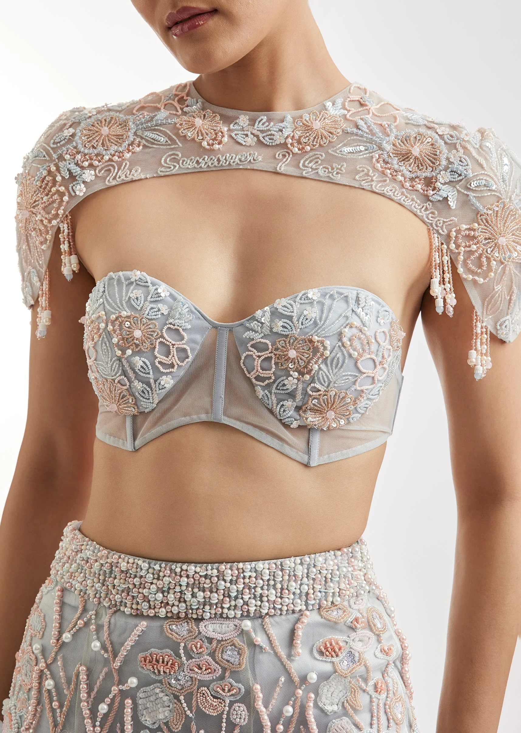 Blue Fish Cut Lehenga Set With Embellished Cape - Image 3
