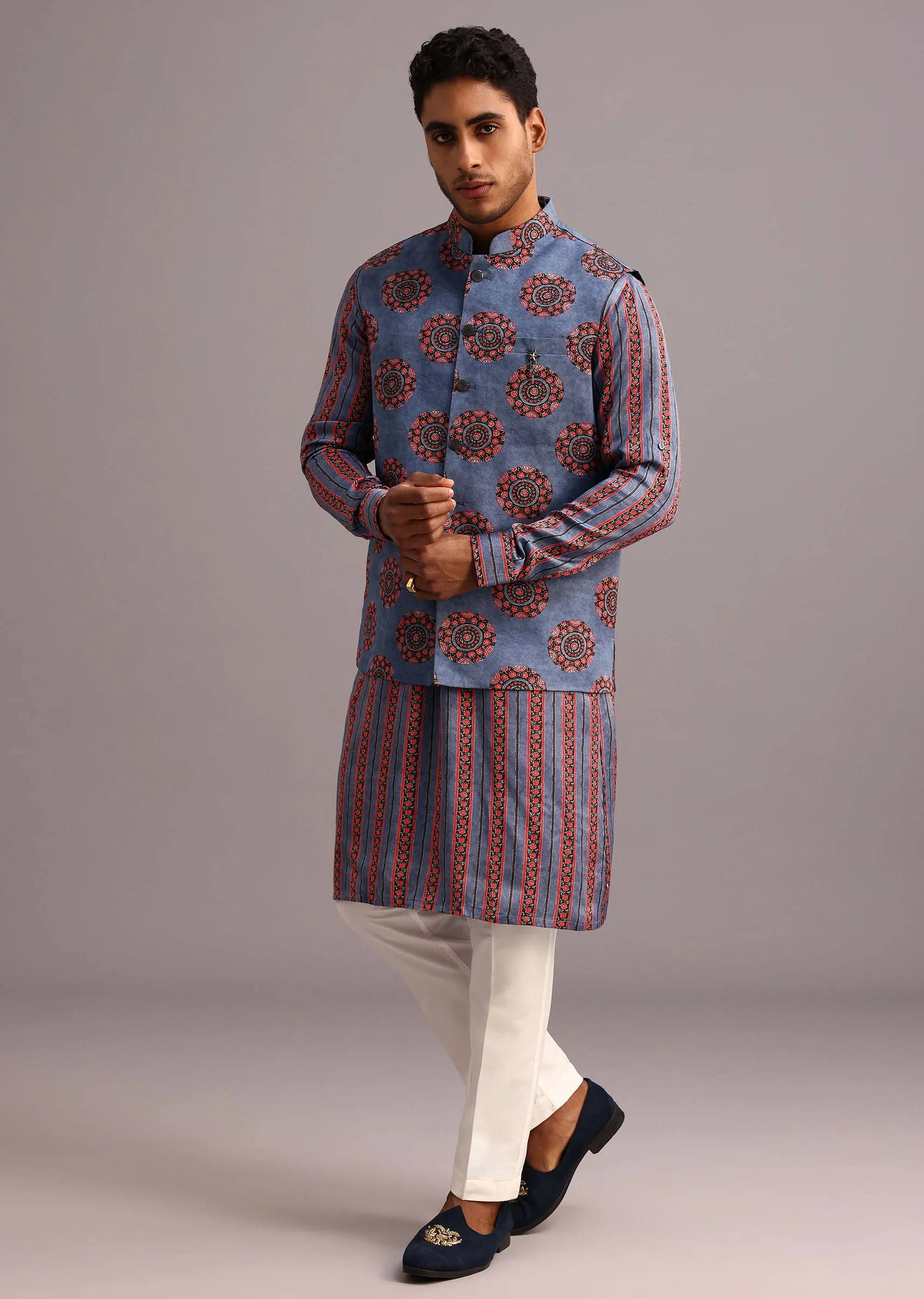 Blue Floral And Stripe Print Jacket Kurta Set In Silk - Image 4