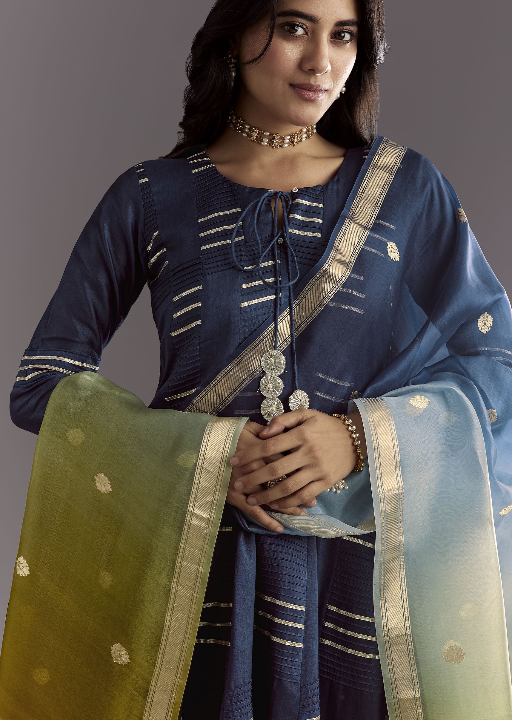Blue Gotta Work Anarkali Suit With Ombre Organza Dupatta - Image 2