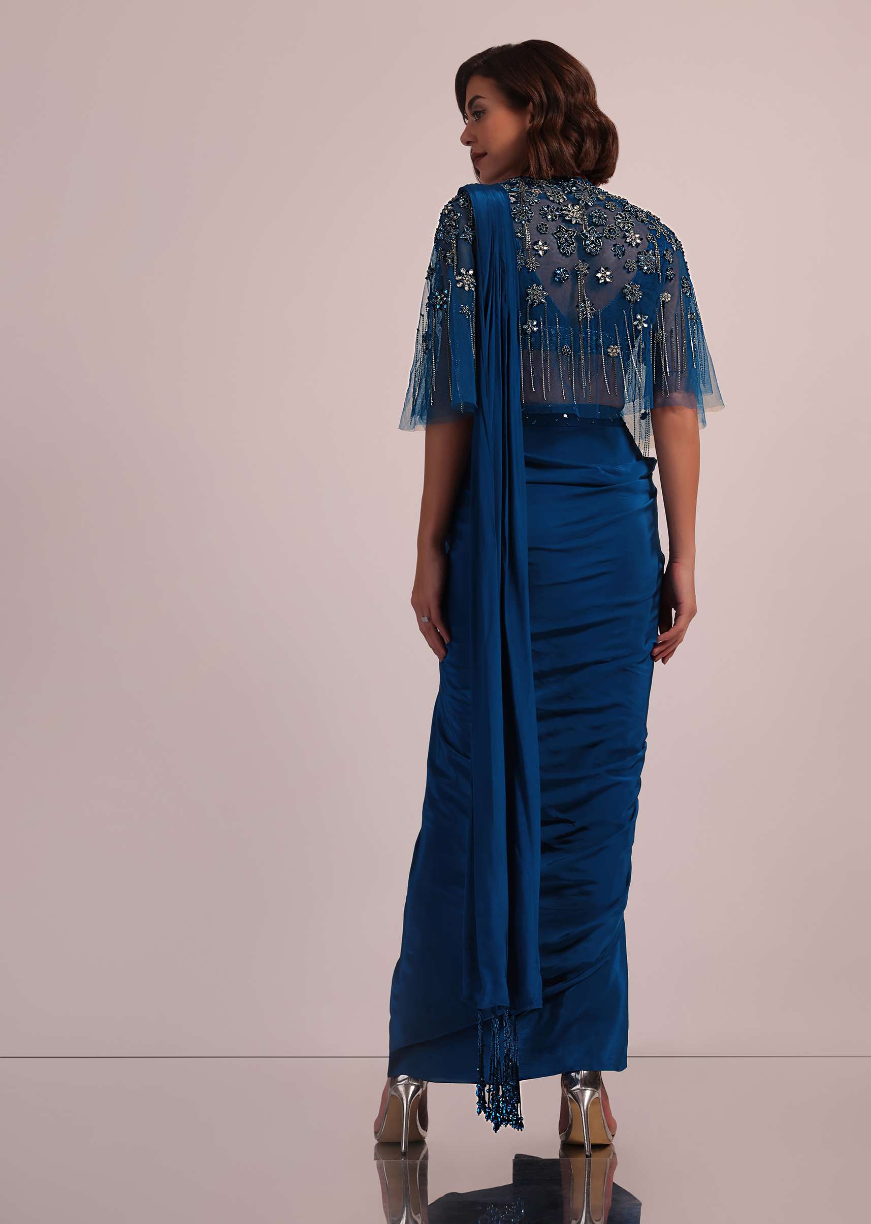 Blue Hand Embroidered Ready Pleated Saree And Blouse In Crepe - Image 11
