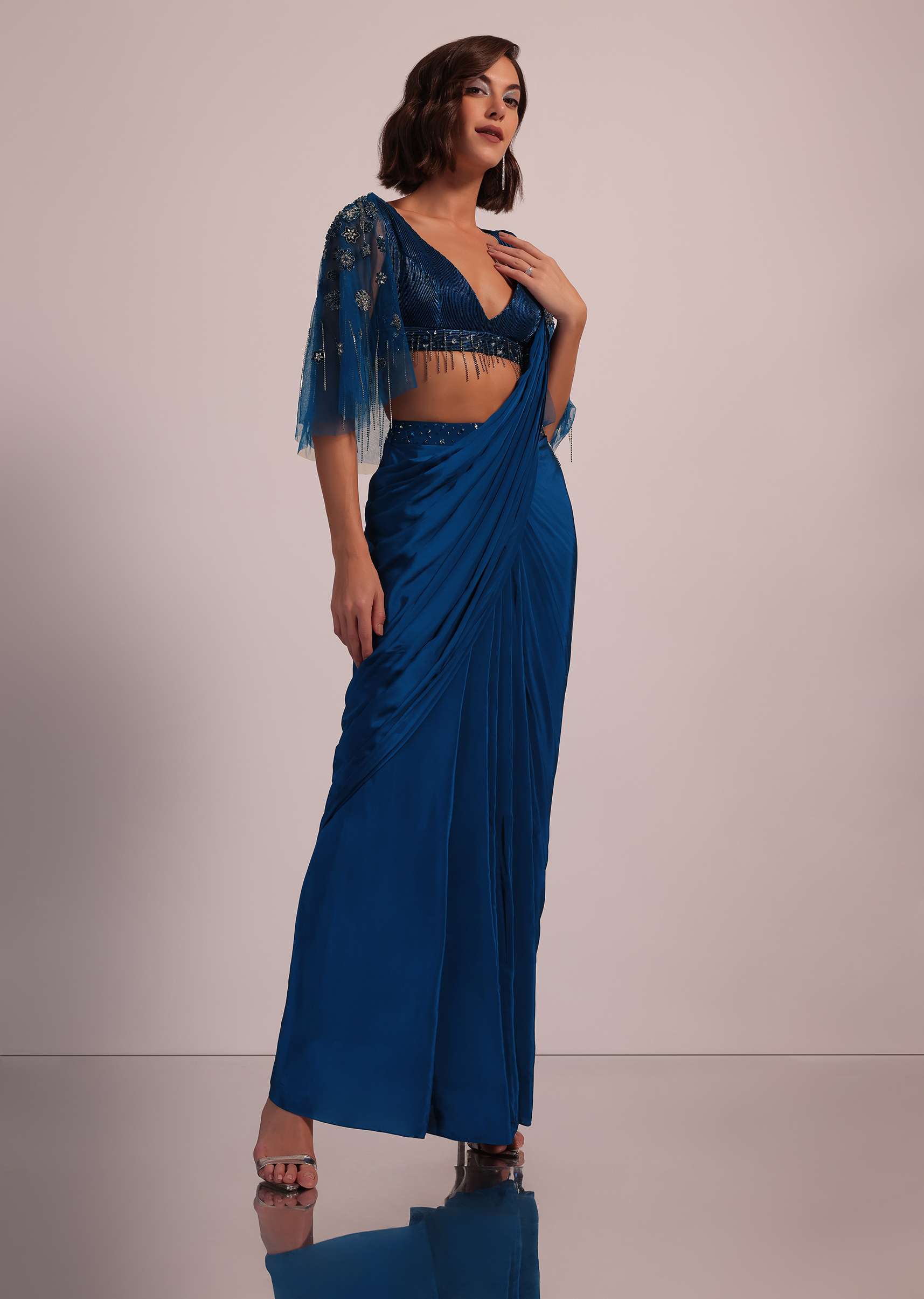 Blue Hand Embroidered Ready Pleated Saree And Blouse In Crepe - Image 12
