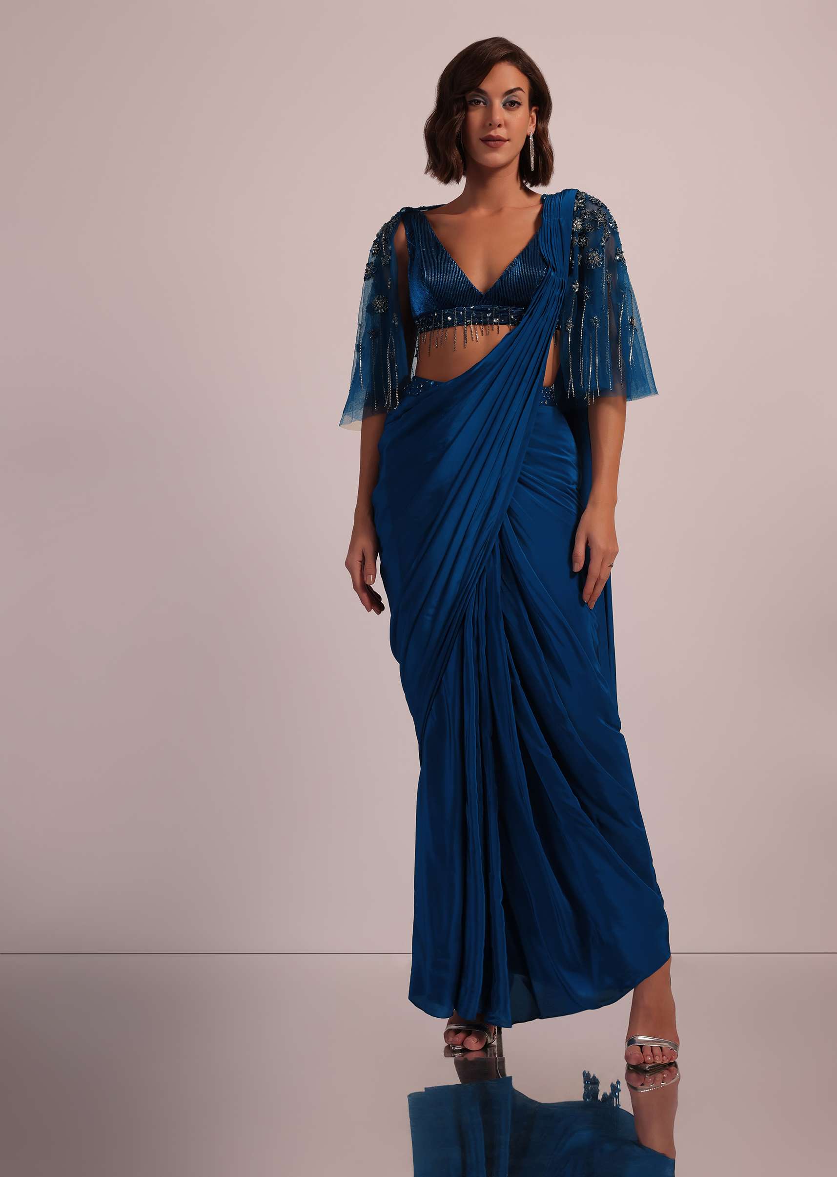 Blue Hand Embroidered Ready Pleated Saree And Blouse In Crepe - Image 15