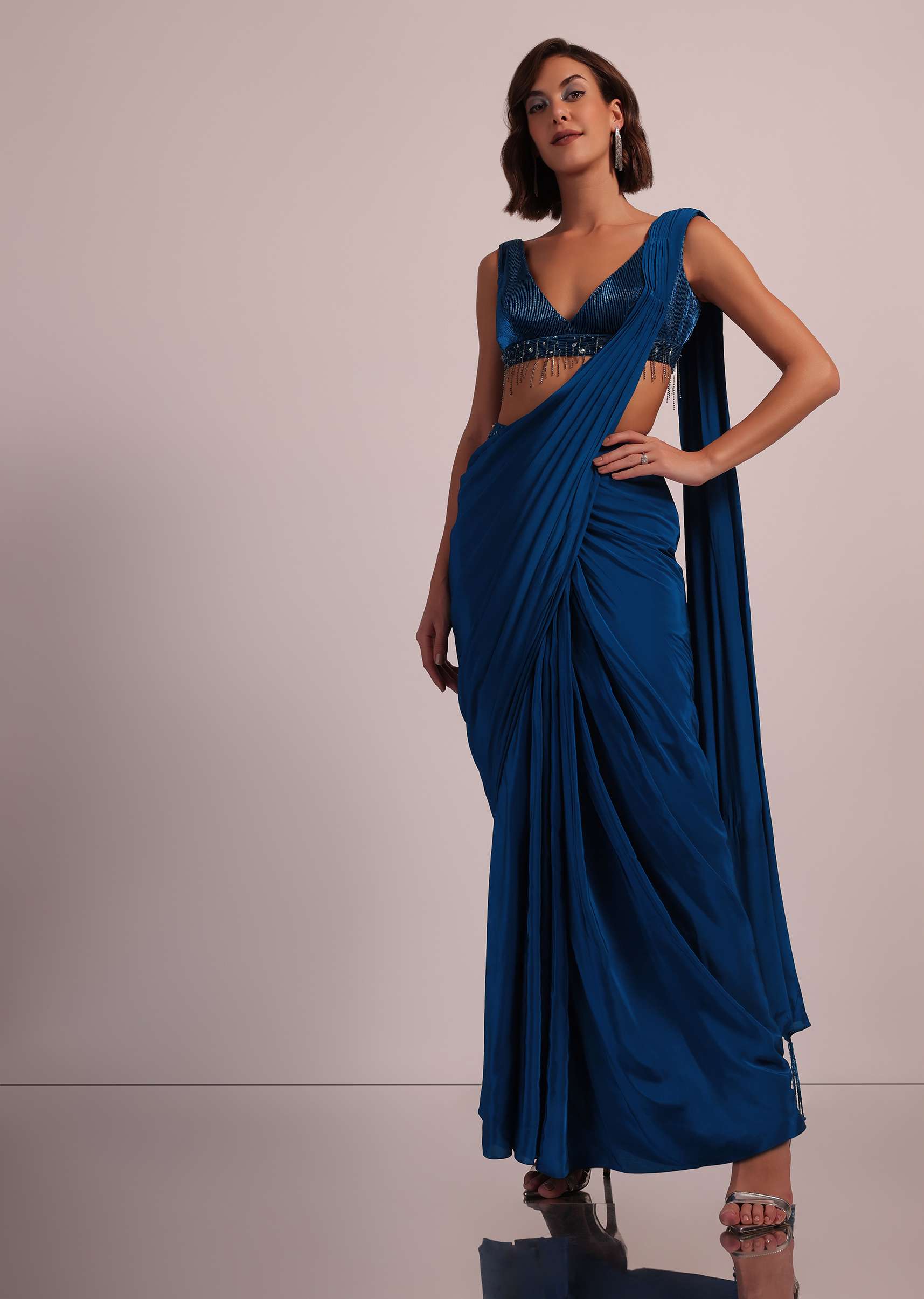 Blue Hand Embroidered Ready Pleated Saree And Blouse In Crepe - Image 2
