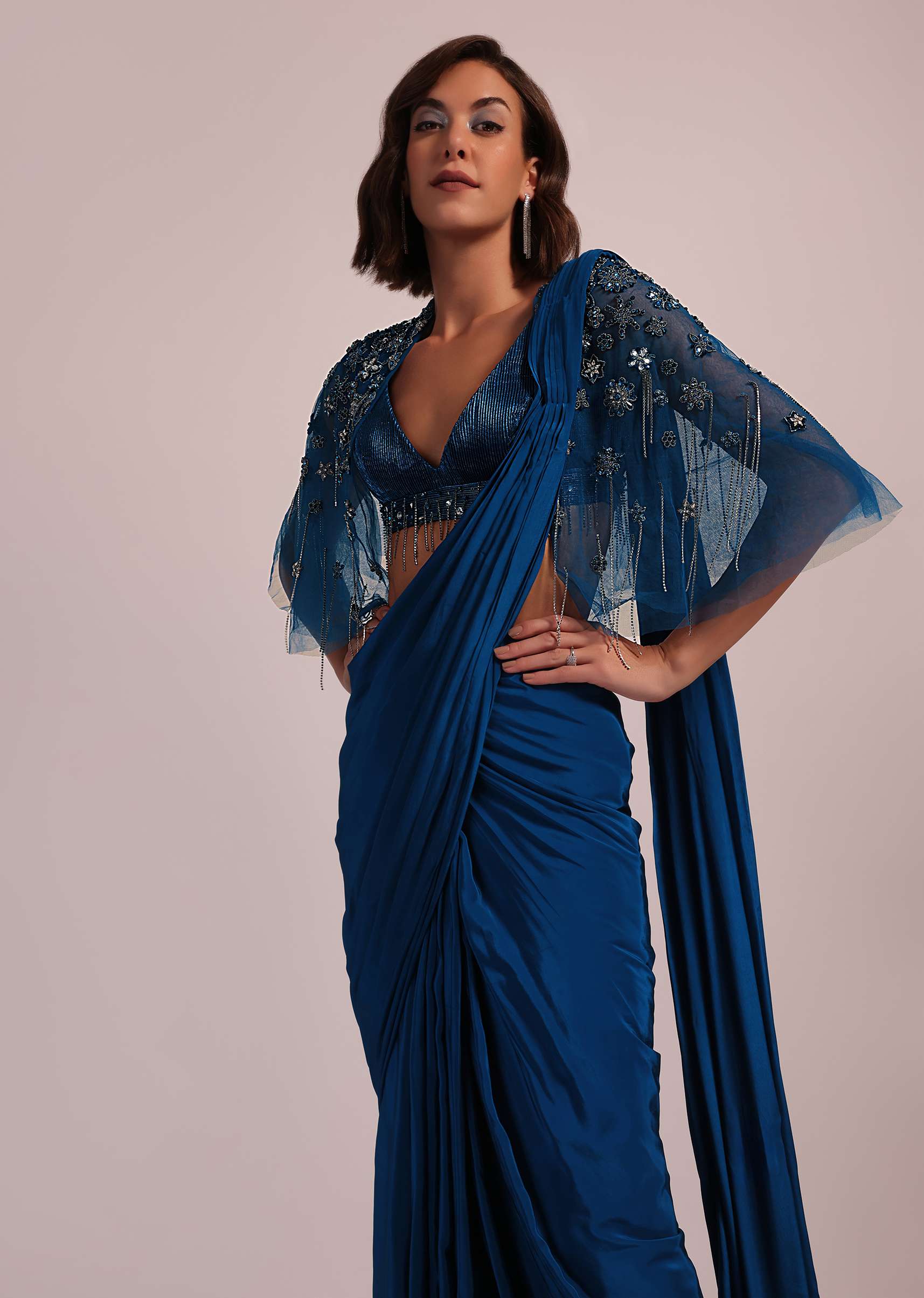 Blue Hand Embroidered Ready Pleated Saree And Blouse In Crepe - Image 3