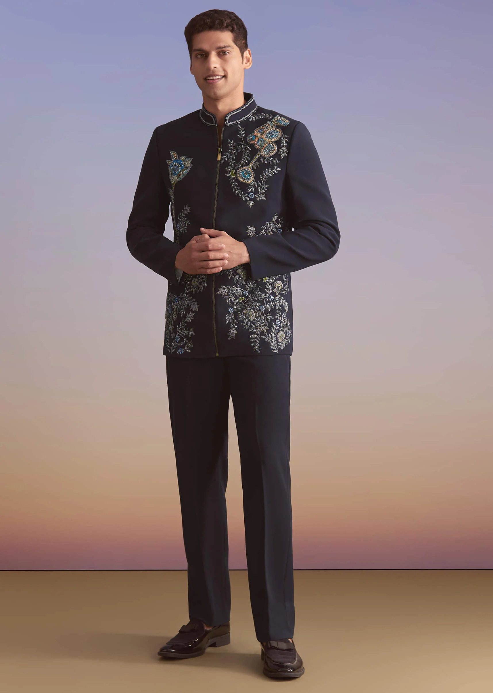 Blue Kurta Jacket Set For Men With Sequins And Moti Work - Image 3