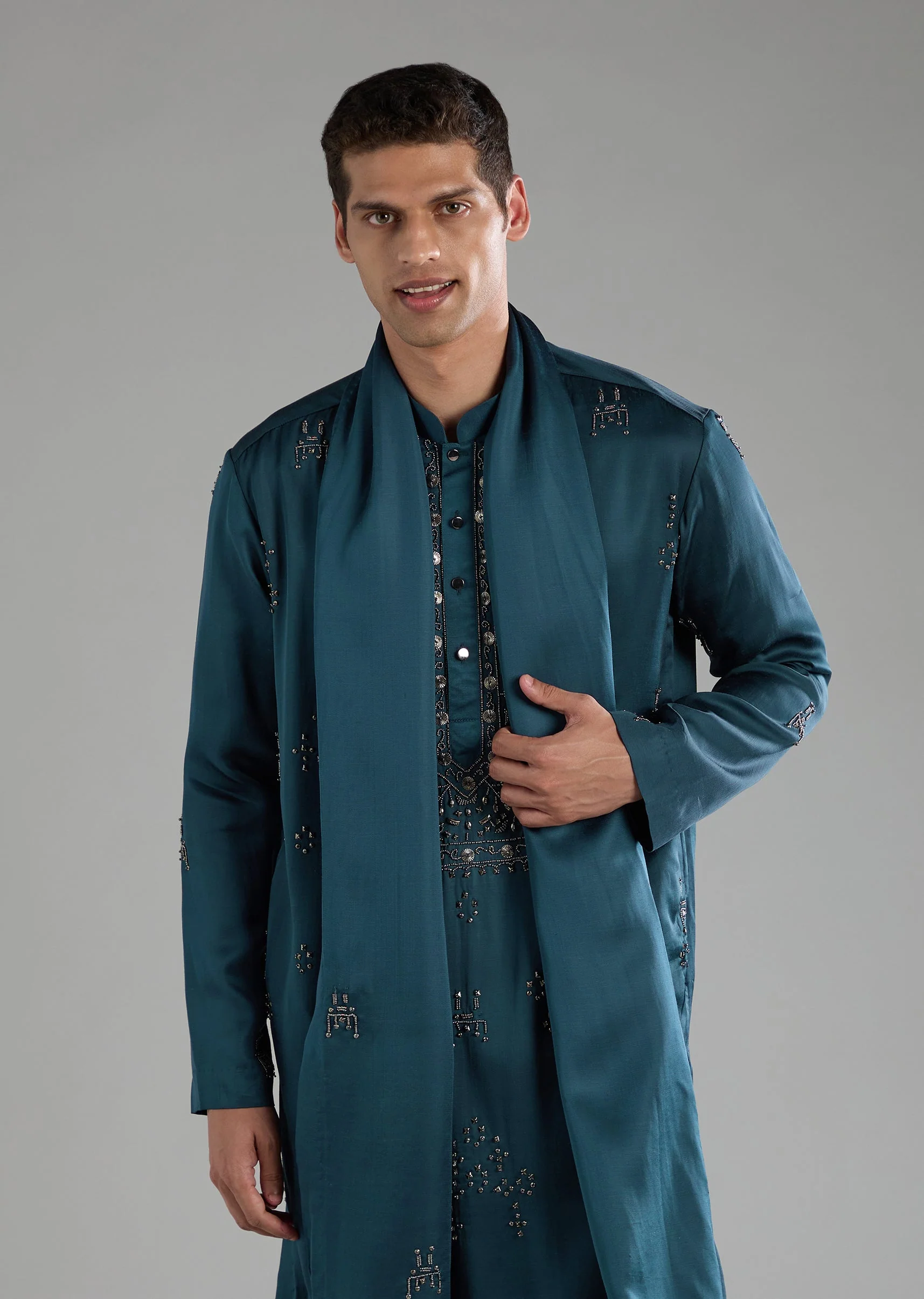 Blue Kurta Set With Intricate Hand Embroidered Metal Work - Image 2