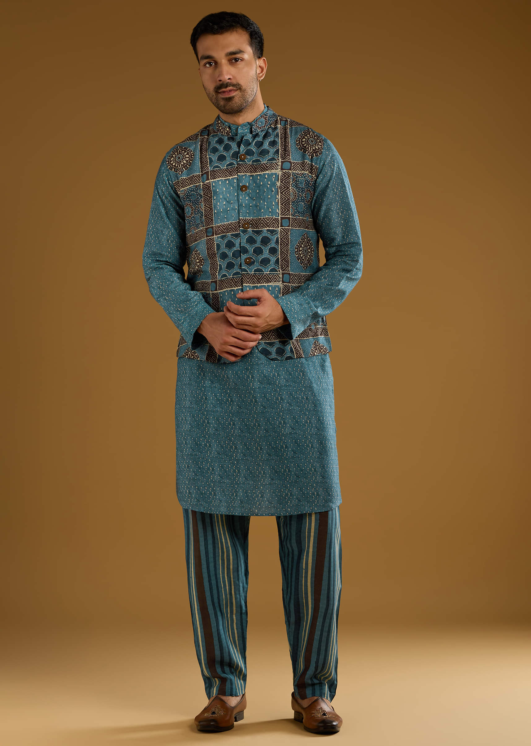 Blue Linen Kurta Jacket Set For Men With Hand Block Ajrakh Print - Image 3