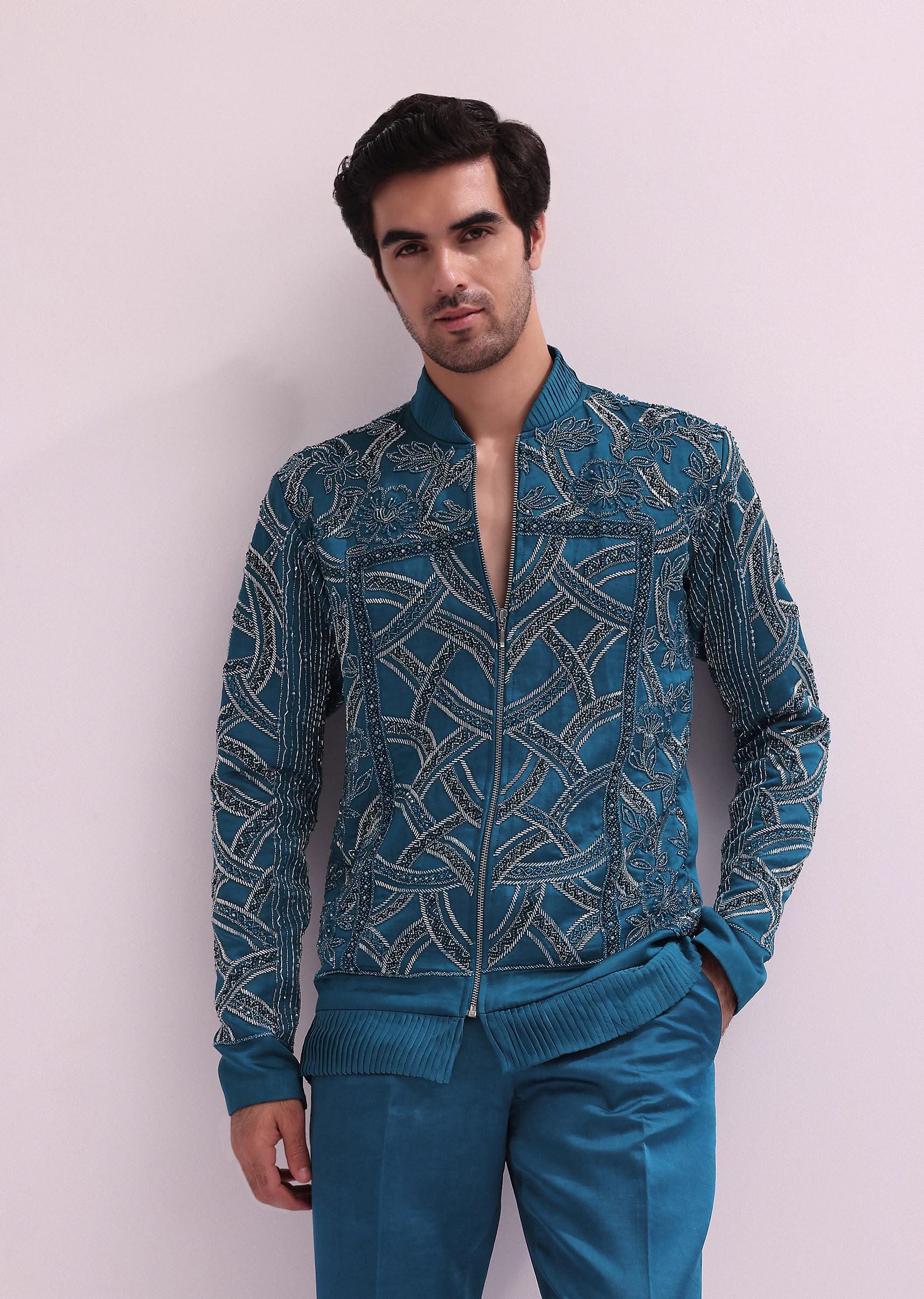 Blue Metallic Chain Bomber Jacket With Shirt And Pants - Image 4