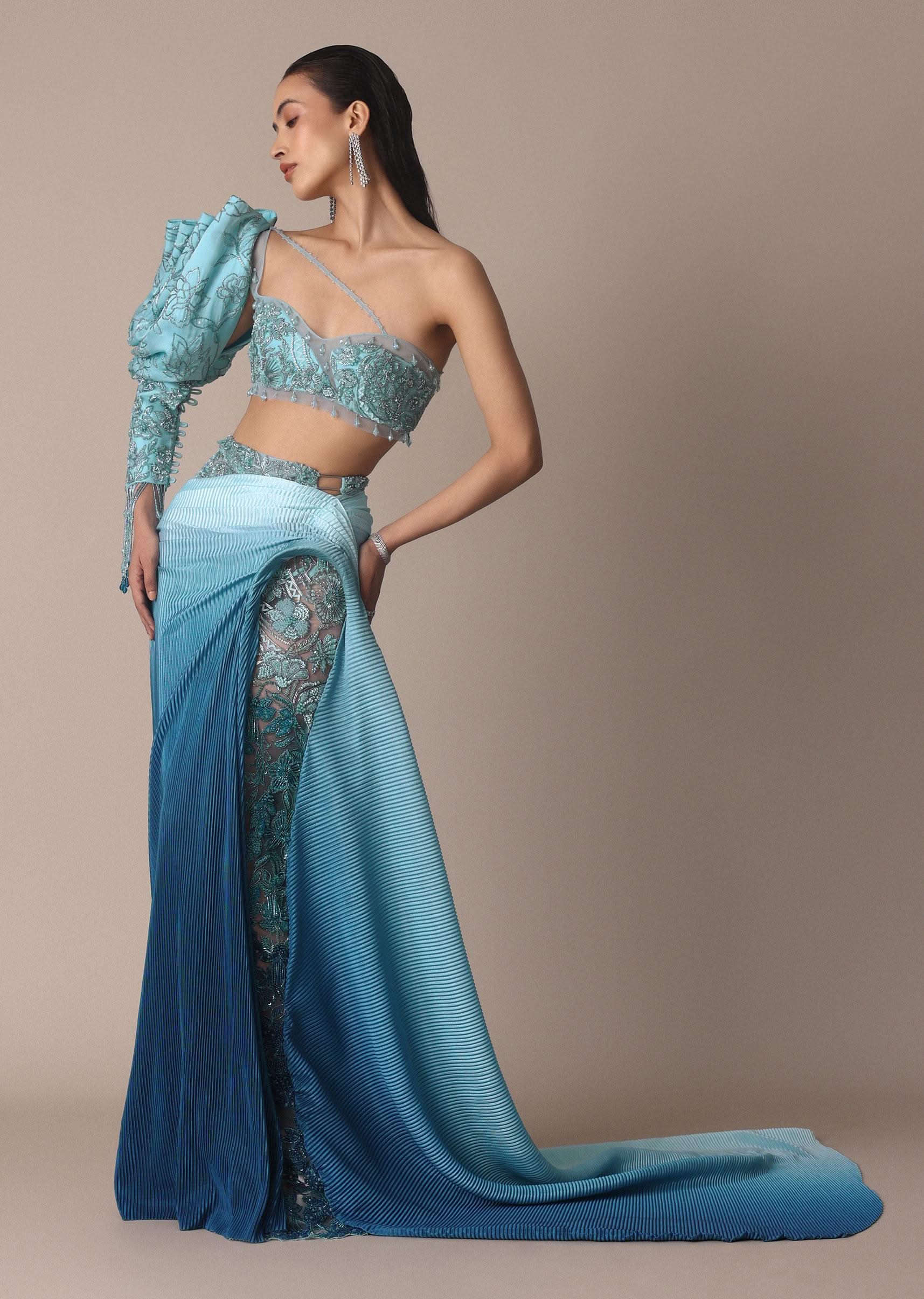 Blue Ombre Asymmetric Slit Trail Skirt And Balloon Sleeve Blouse - Image 2
