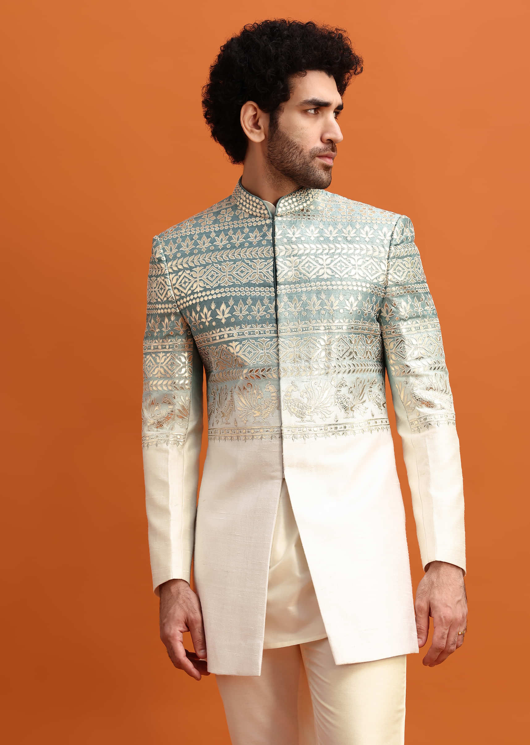 Blue Ombre Indowestern Set With Foil Work For Men - Image 4