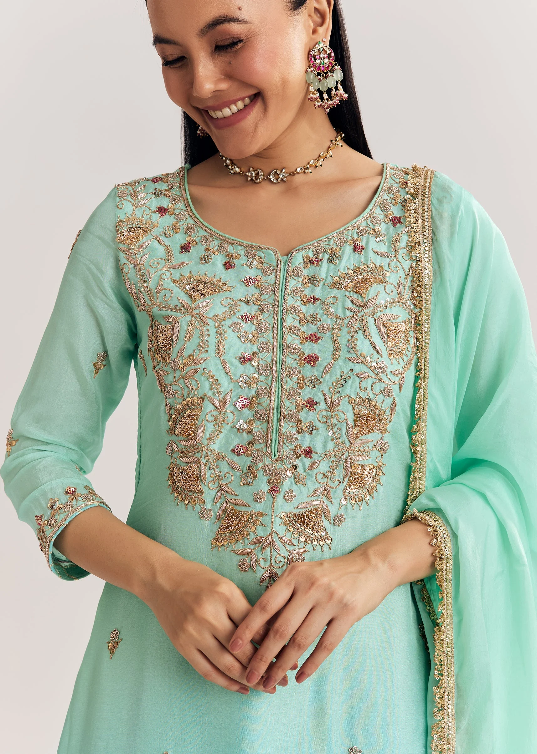 Blue Ombre Kurta Palazzo Suit With Zardosi And Sequins Work - Image 3