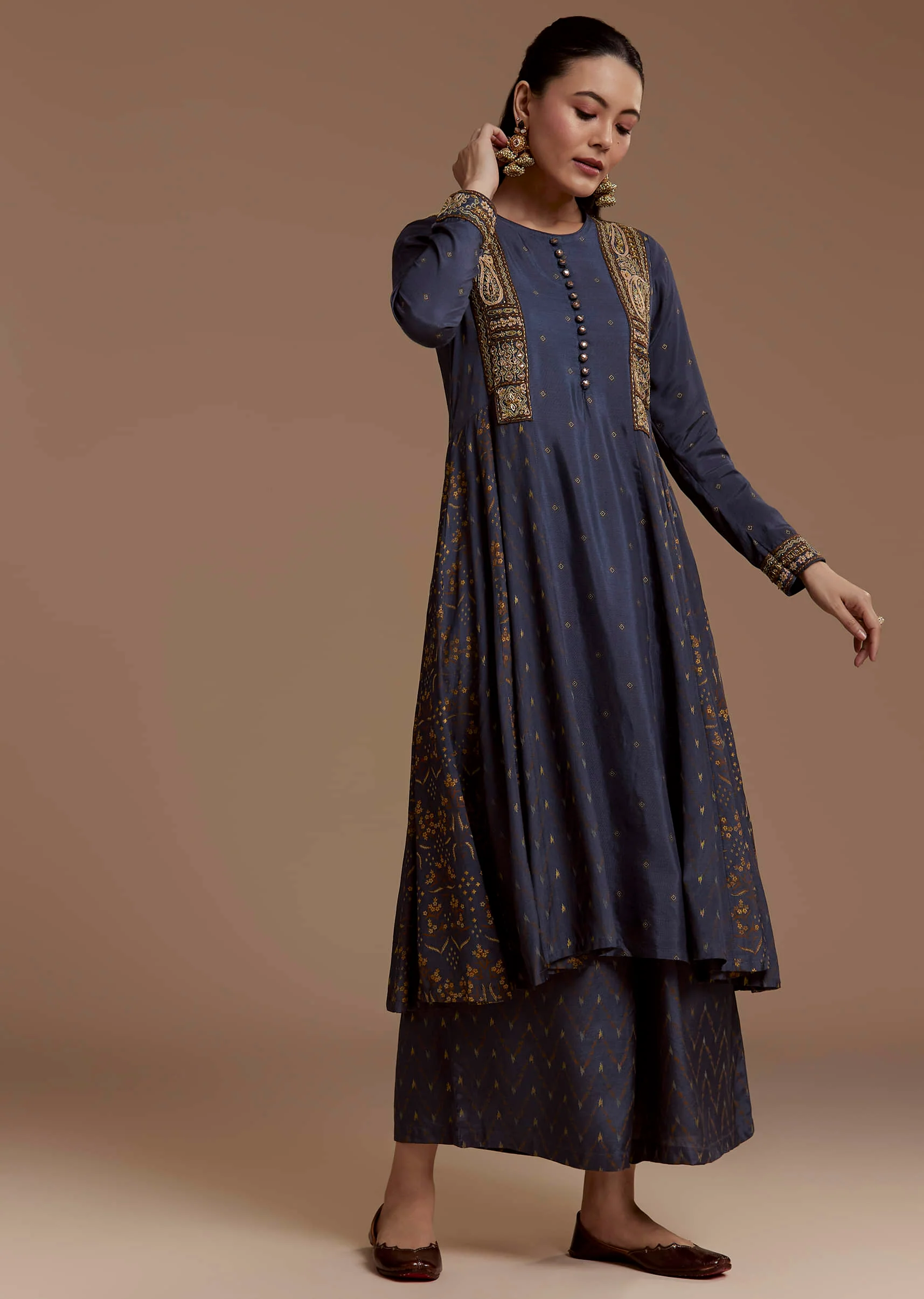 Blue Printed Cotton Kurta Palazzo Set with Thread Work - Image 3