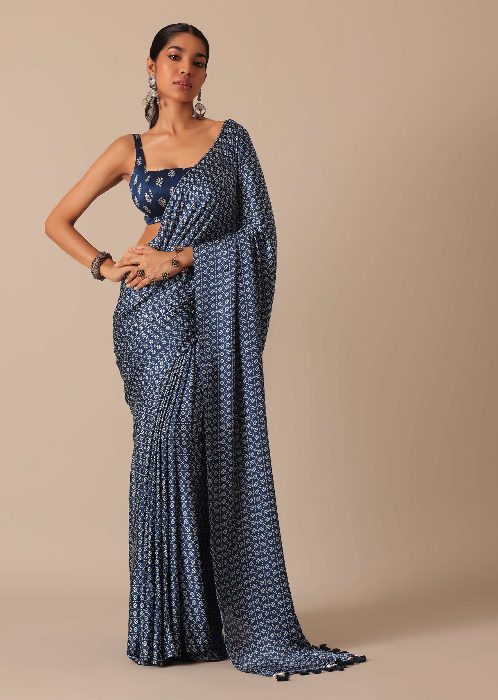 Blue Printed Saree In Satin With Tassel Pallu And Unstitched Blouse Piece - Image 3