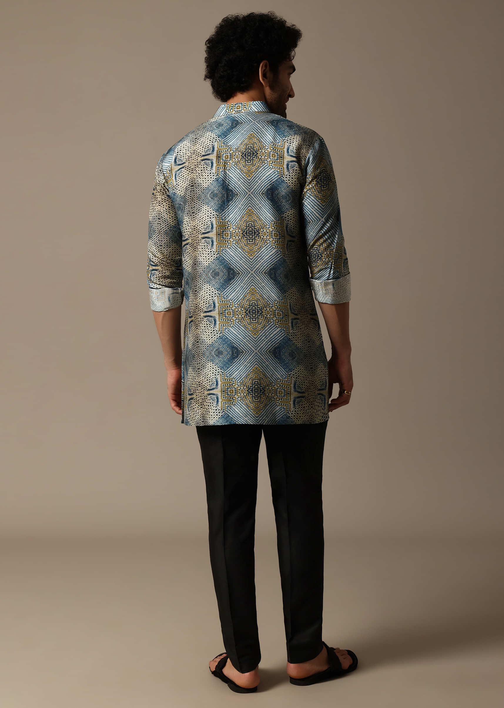 Blue Printed Silk Short Kurta Set For Men - Image 5