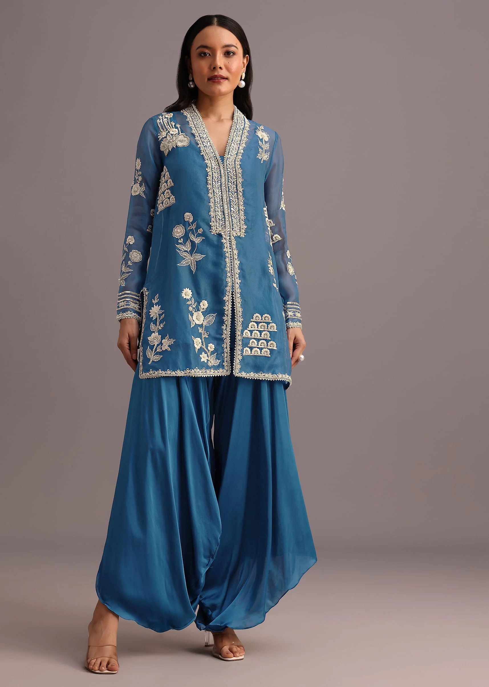 Blue Resham Work Kurti Palazzo Suit - Image 3