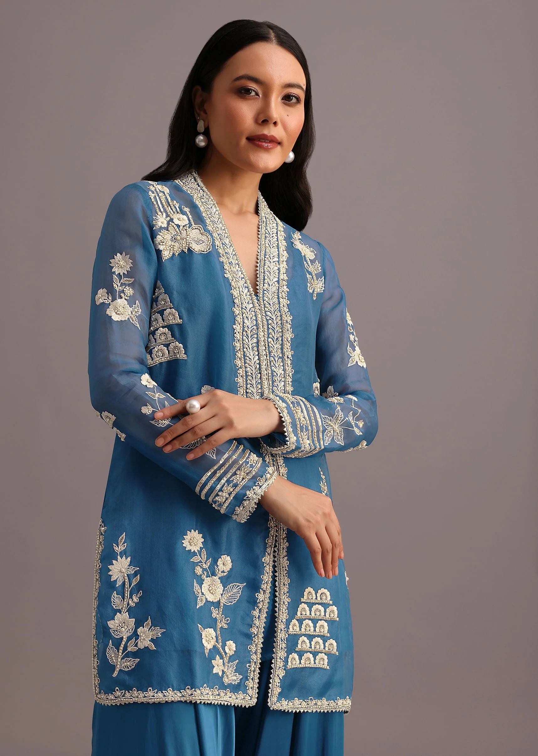 Blue Resham Work Kurti Palazzo Suit - Image 4