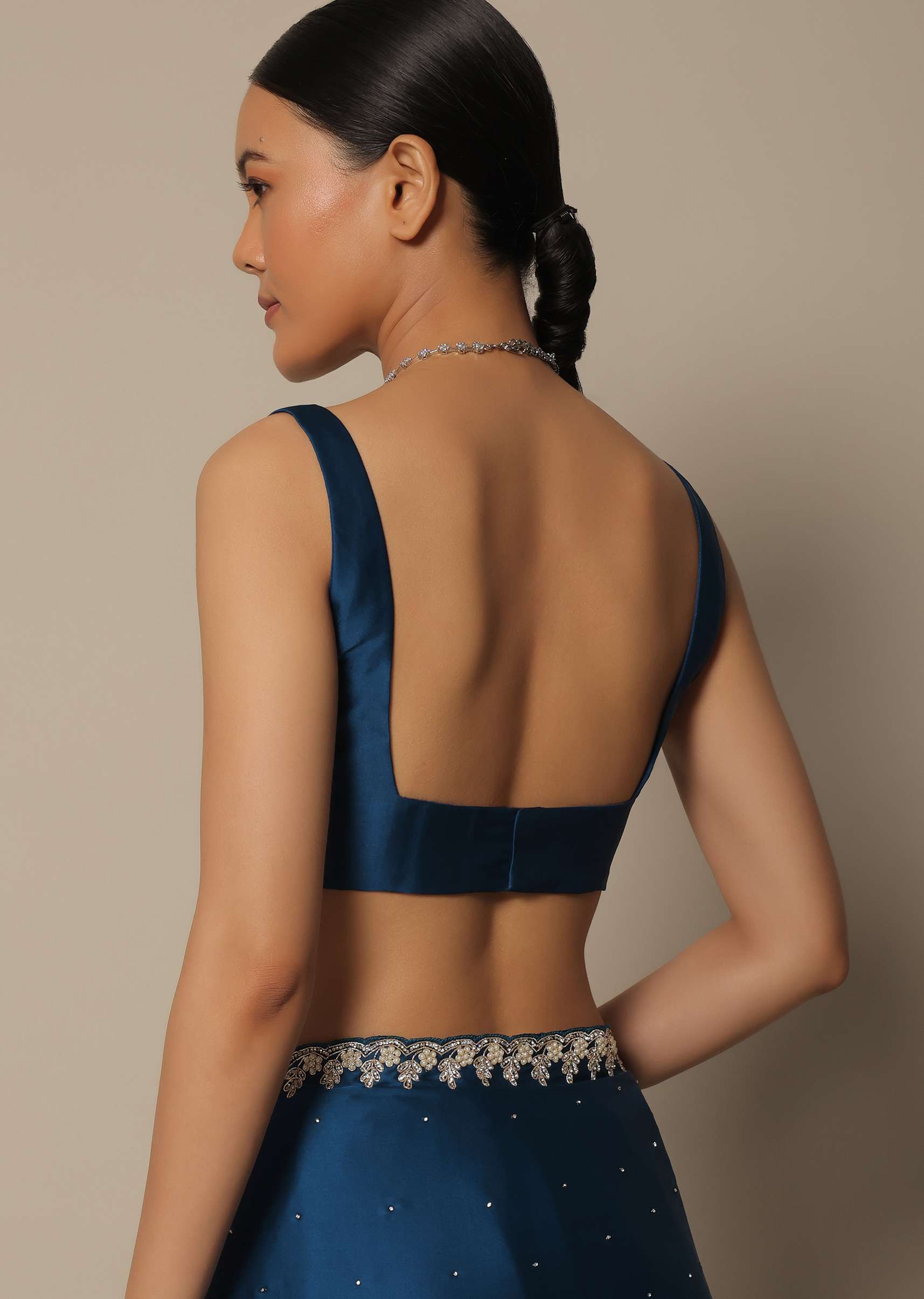 Blue Satin Saree With Stone Studded Border And Unstitched Blouse Piece - Image 8