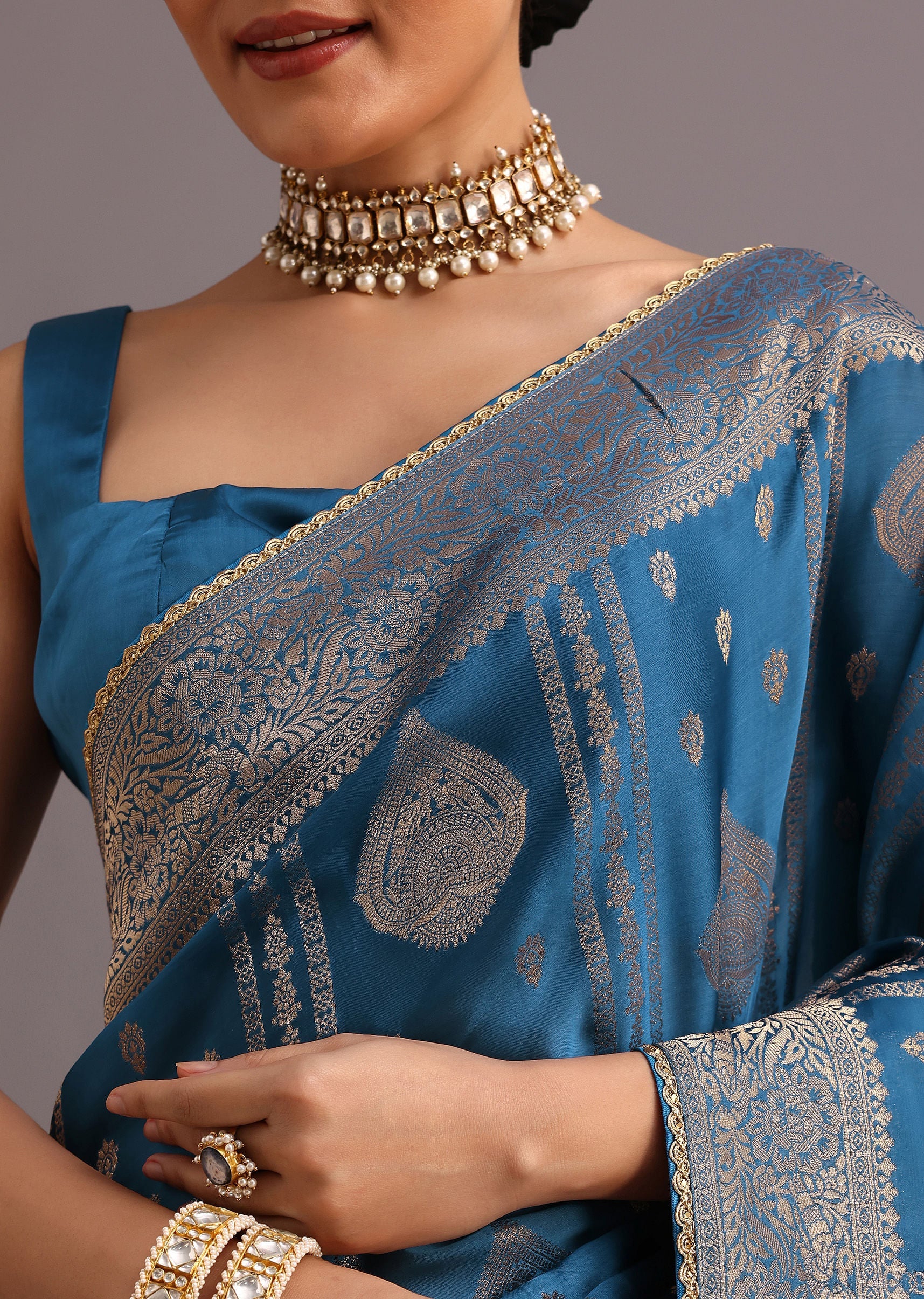 Blue Satin Silk Zari Woven Saree With Brocade Border - Image 2