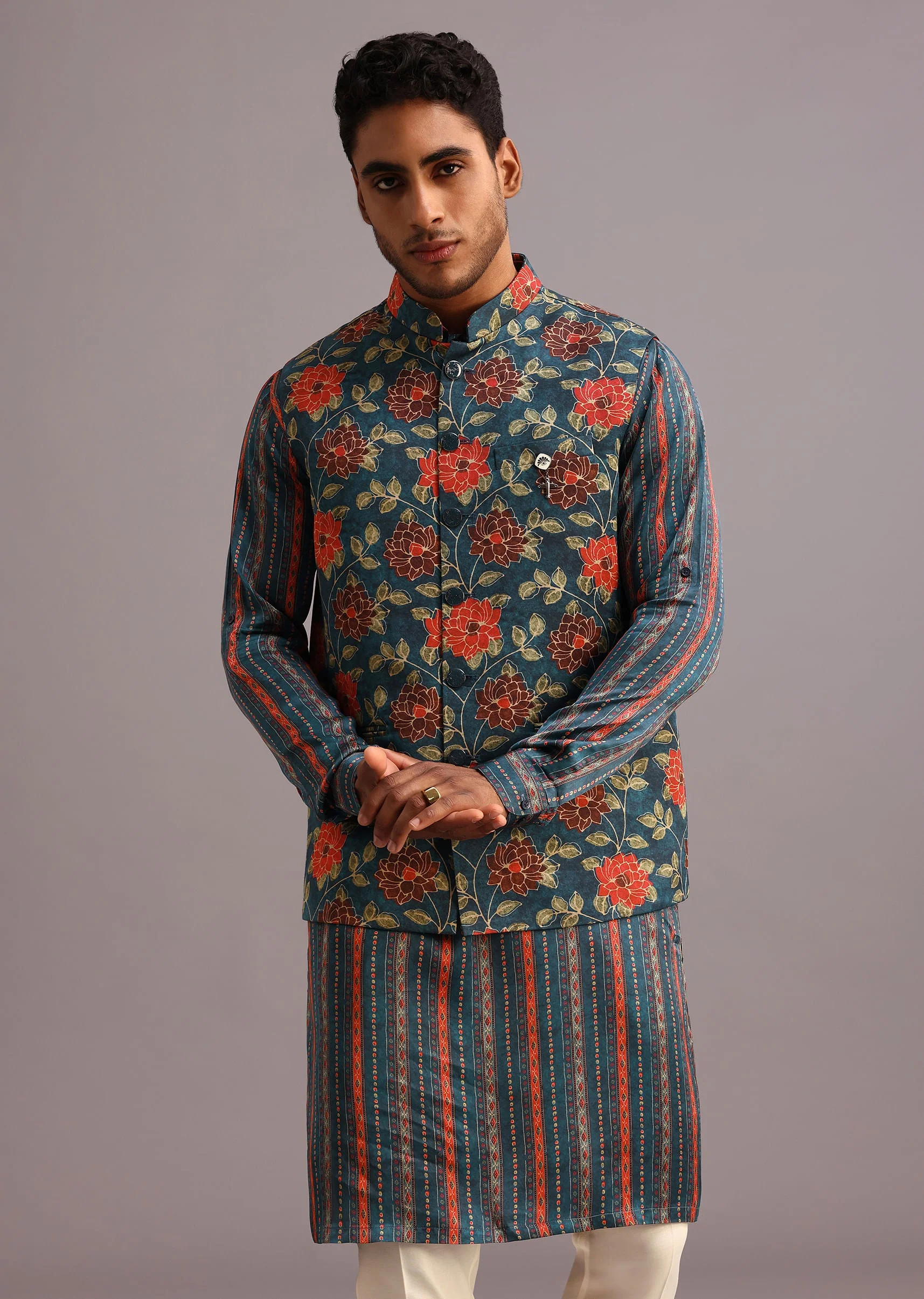 Blue Silk Floral And Stripe Print Jacket Kurta Set