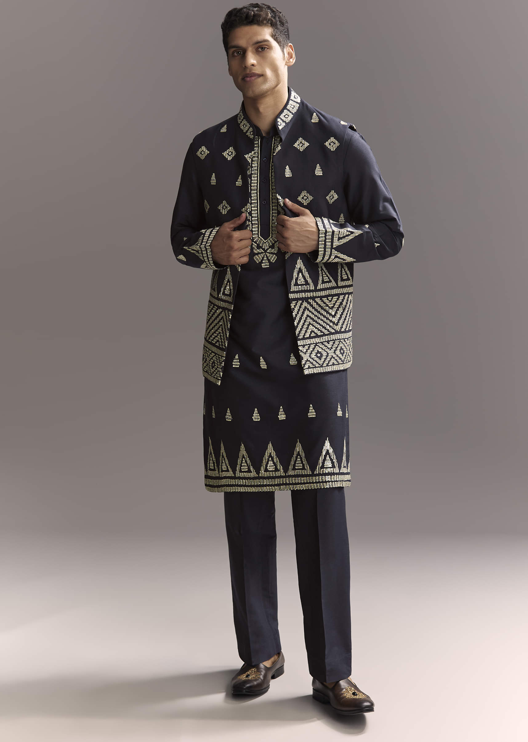 Blue Silk Kurta Jacket Set For Men With Sequins And Zari Embroidery - Image 3