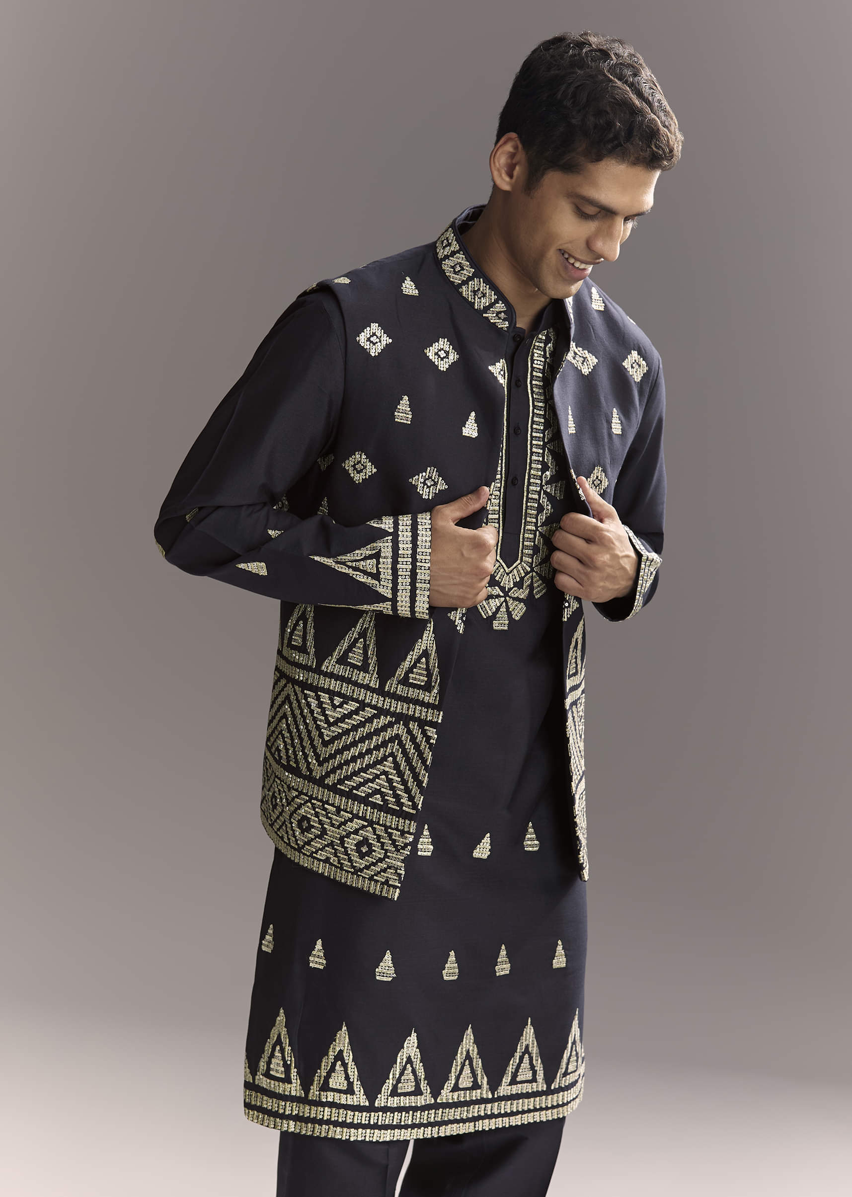 Blue Silk Kurta Jacket Set For Men With Sequins And Zari Embroidery - Image 4
