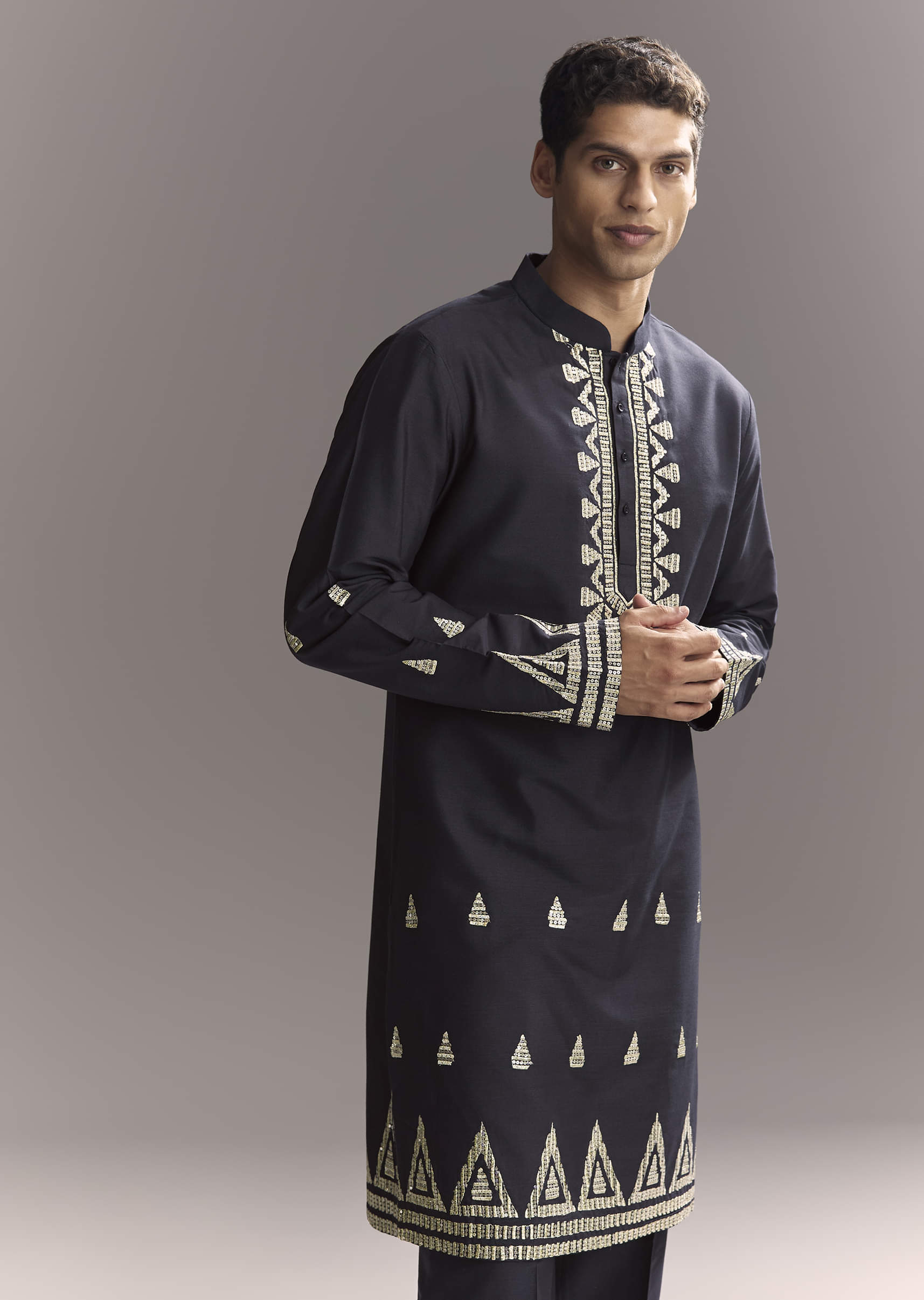Blue Silk Kurta Jacket Set For Men With Sequins And Zari Embroidery - Image 6