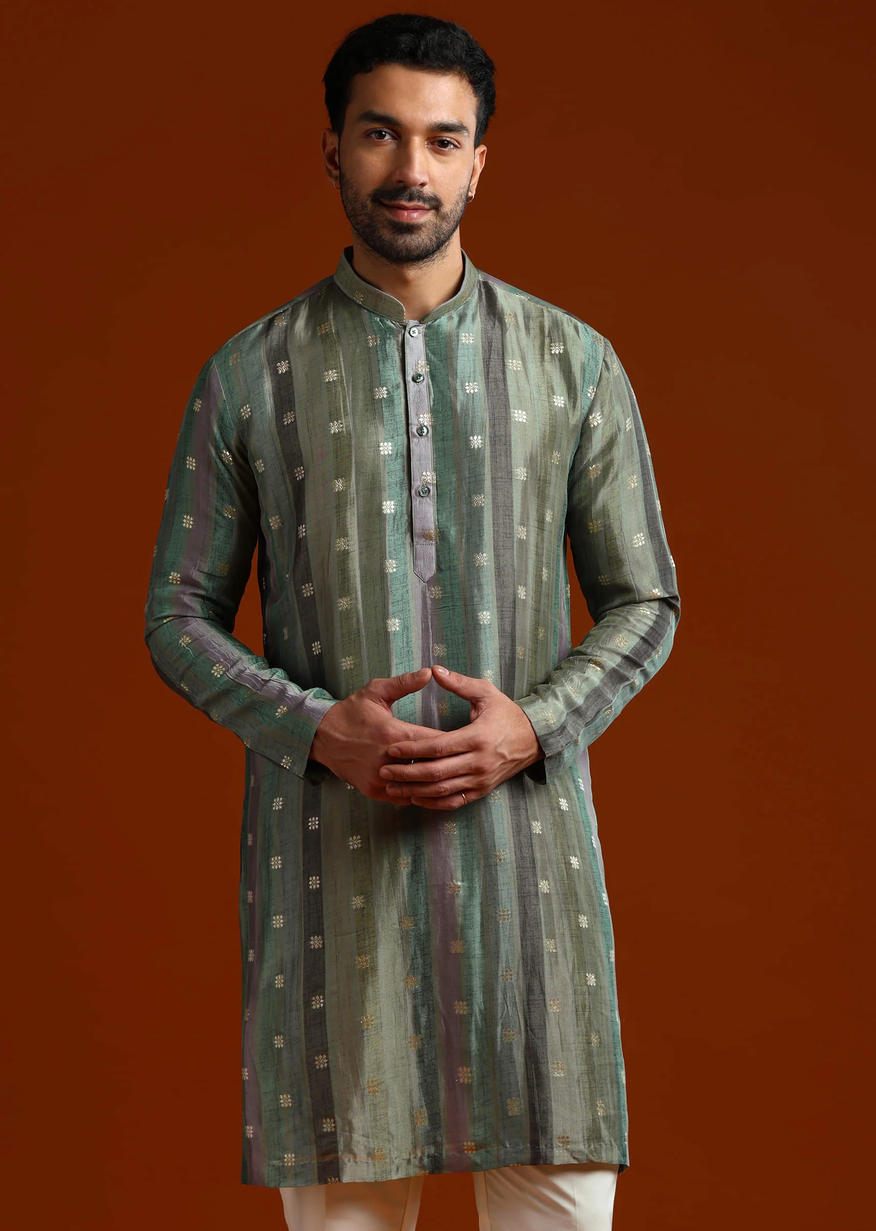Blue Silk Kurta Set For Men With Zari Work - Image 4