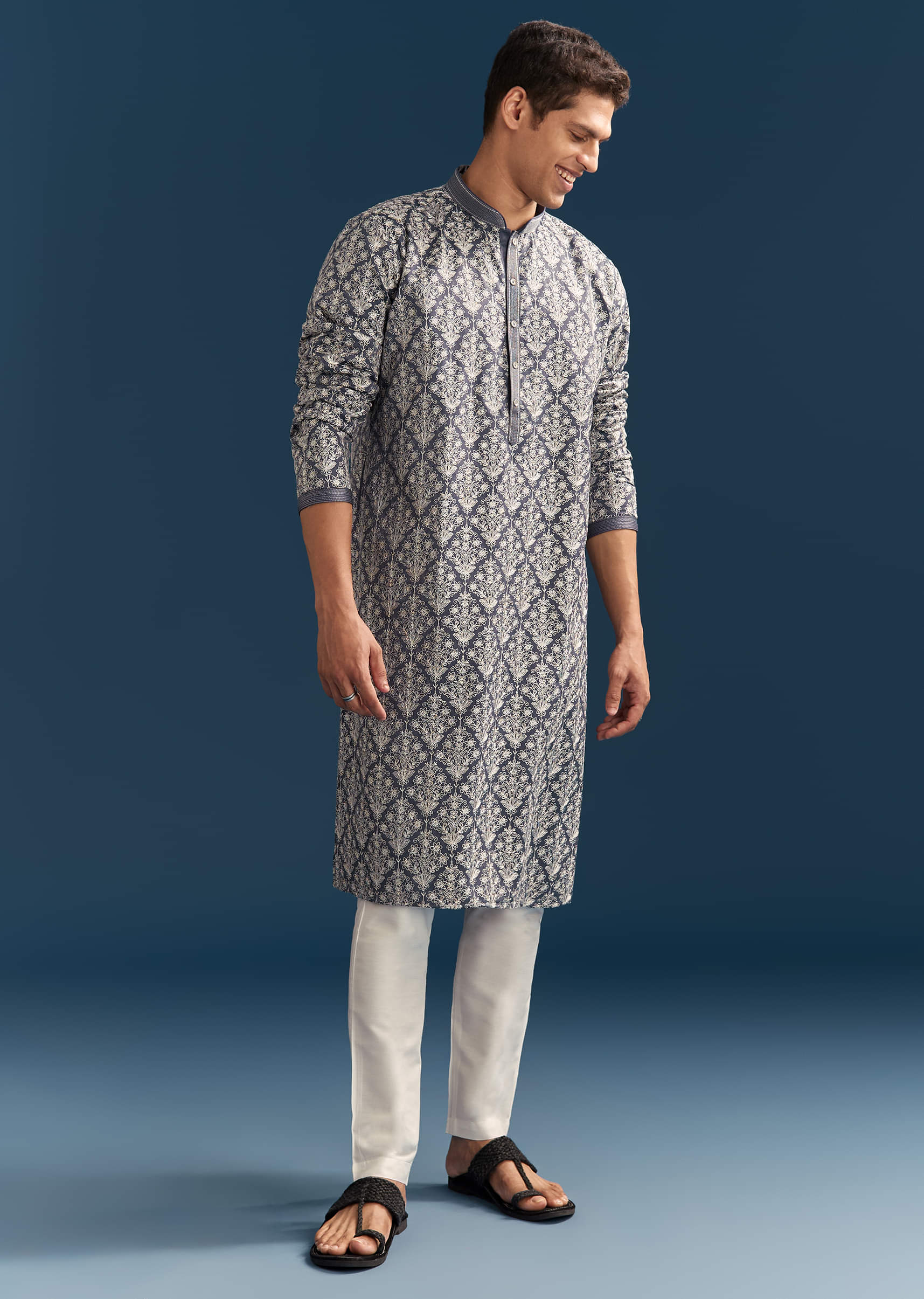 Blue Silk Printed Kurta Set For Men With Thread Embroidery - Image 4