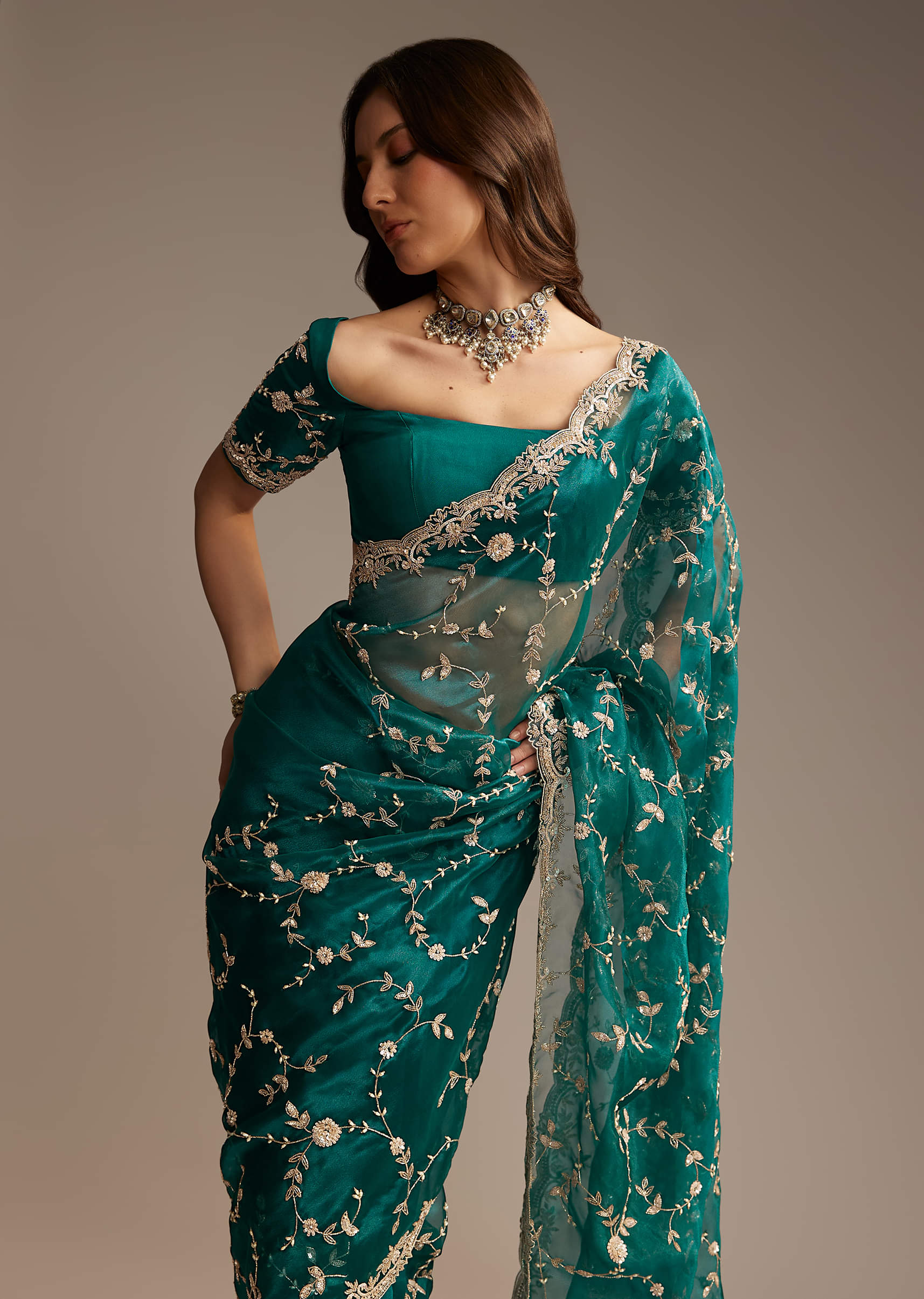 Blue Tissue Saree with Heavy Floral Jaal Embroidery - Image 4