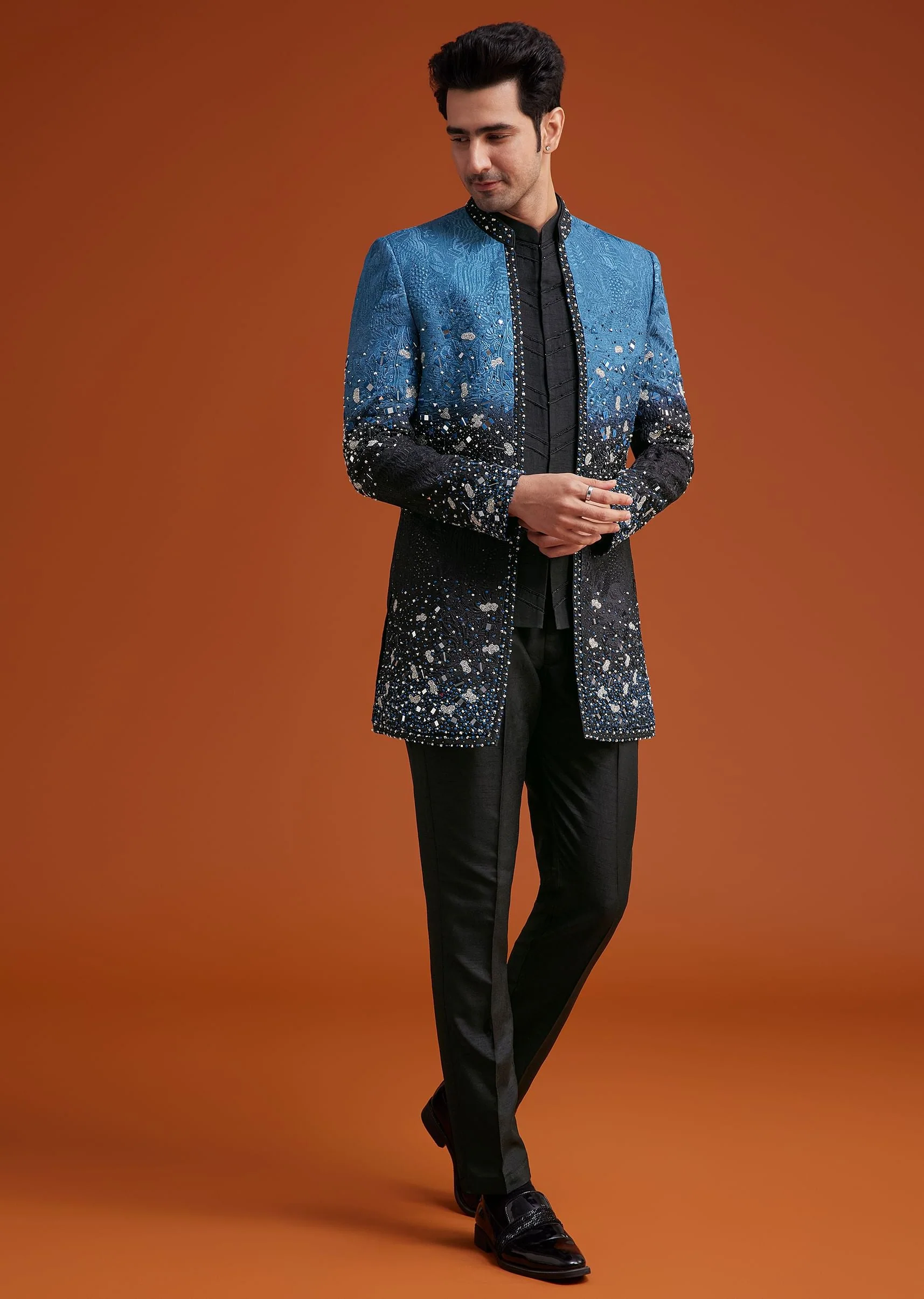 Blue To Black Ombre Indo Jacket Set With Mirror And Sequin Embellishments - Image 3