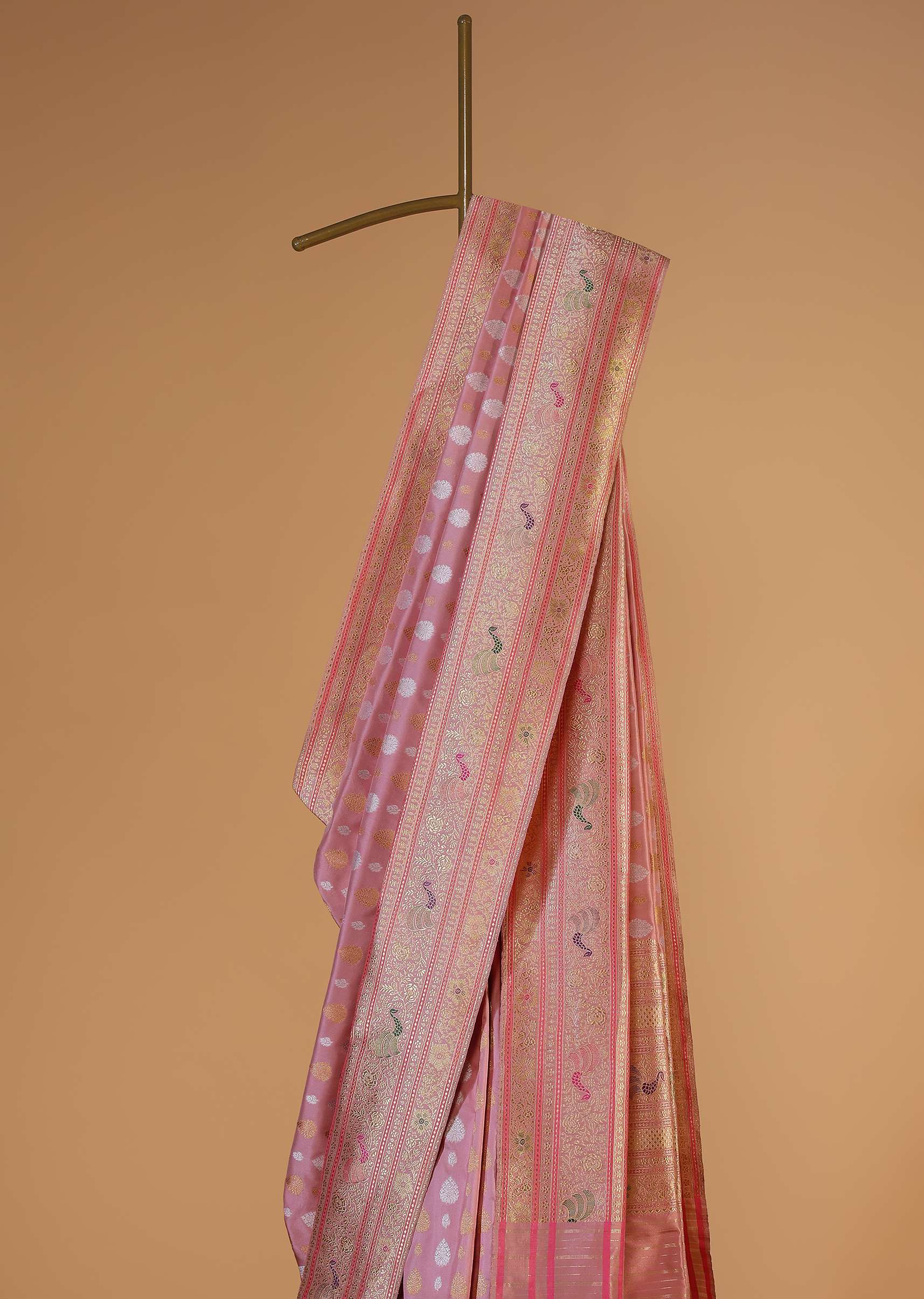 Blush Pink Banarasi Silk Saree In Kadhva Weave With Unstitched Blouse - Image 3
