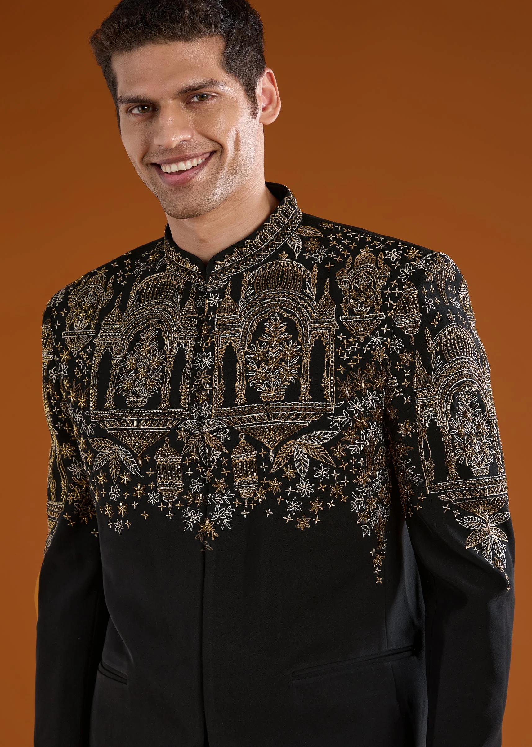 Bold Festive Couple Set – Black Silk Palazzo Suit With Zari Thread And Sequins Work For Her And Black Suiting Jodhpuri Pant Set With Embroidery For Him - Image 6