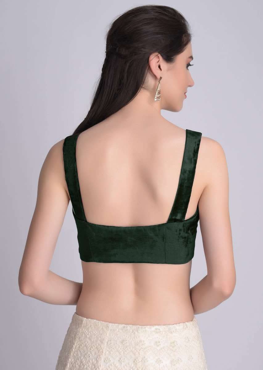 Bottle Green Blouse In Velvet With Sweetheart Neckline - Image 5