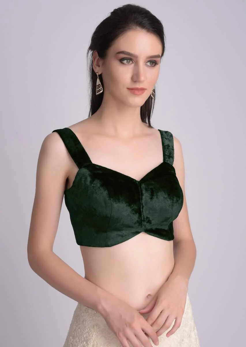 Bottle Green Blouse In Velvet With Sweetheart Neckline - Image 6