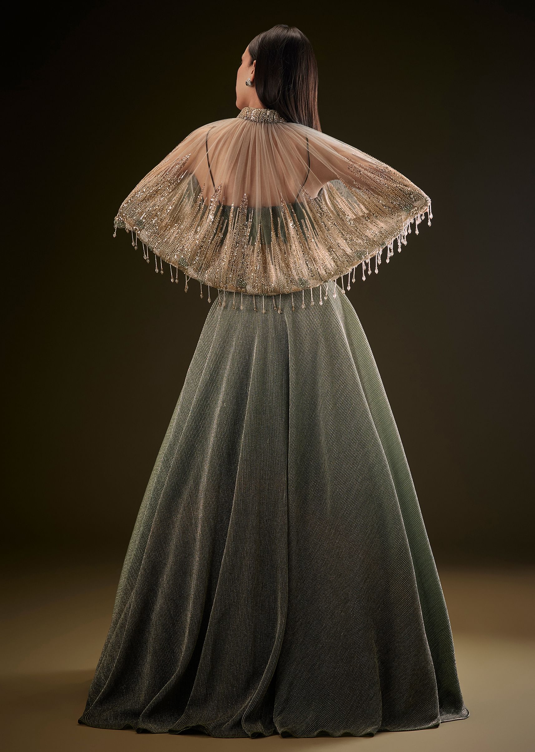 Bottle Green Crush Lehenga With Choker Style Cape - Image 6