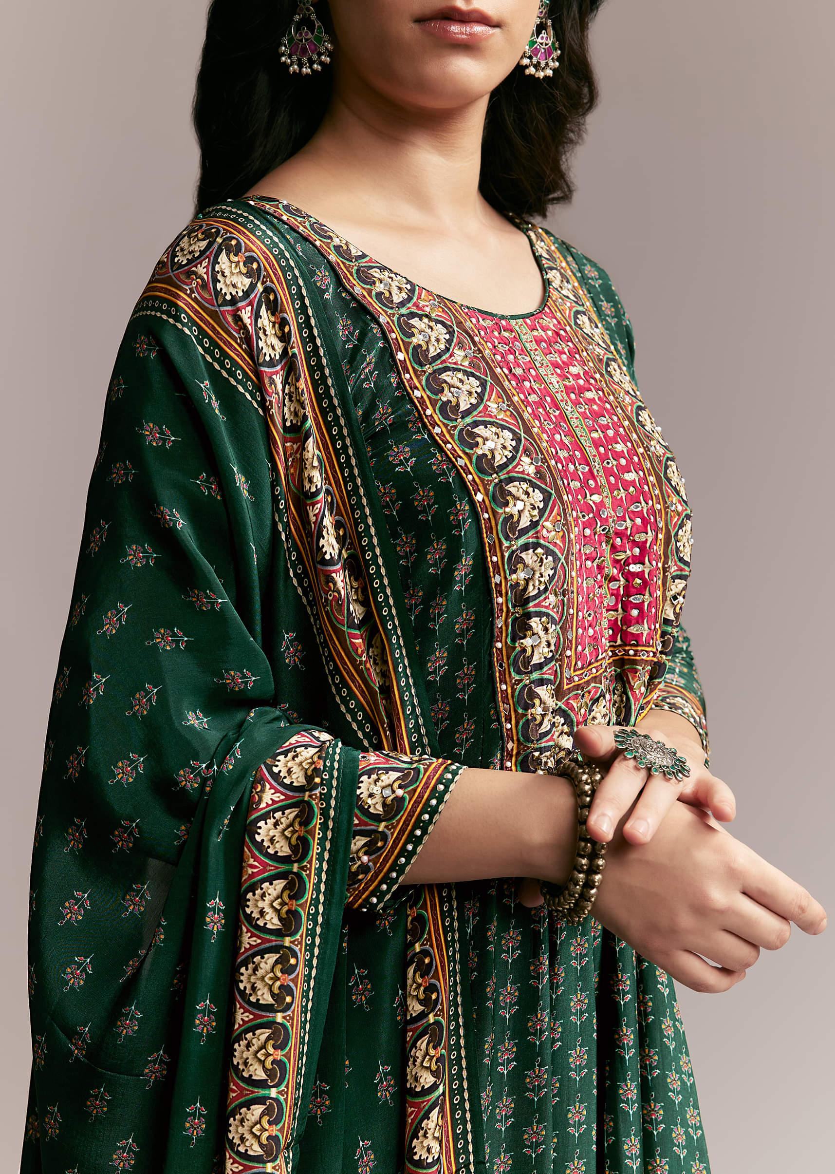 Bottle Green Printed Anarkali Set - Image 2