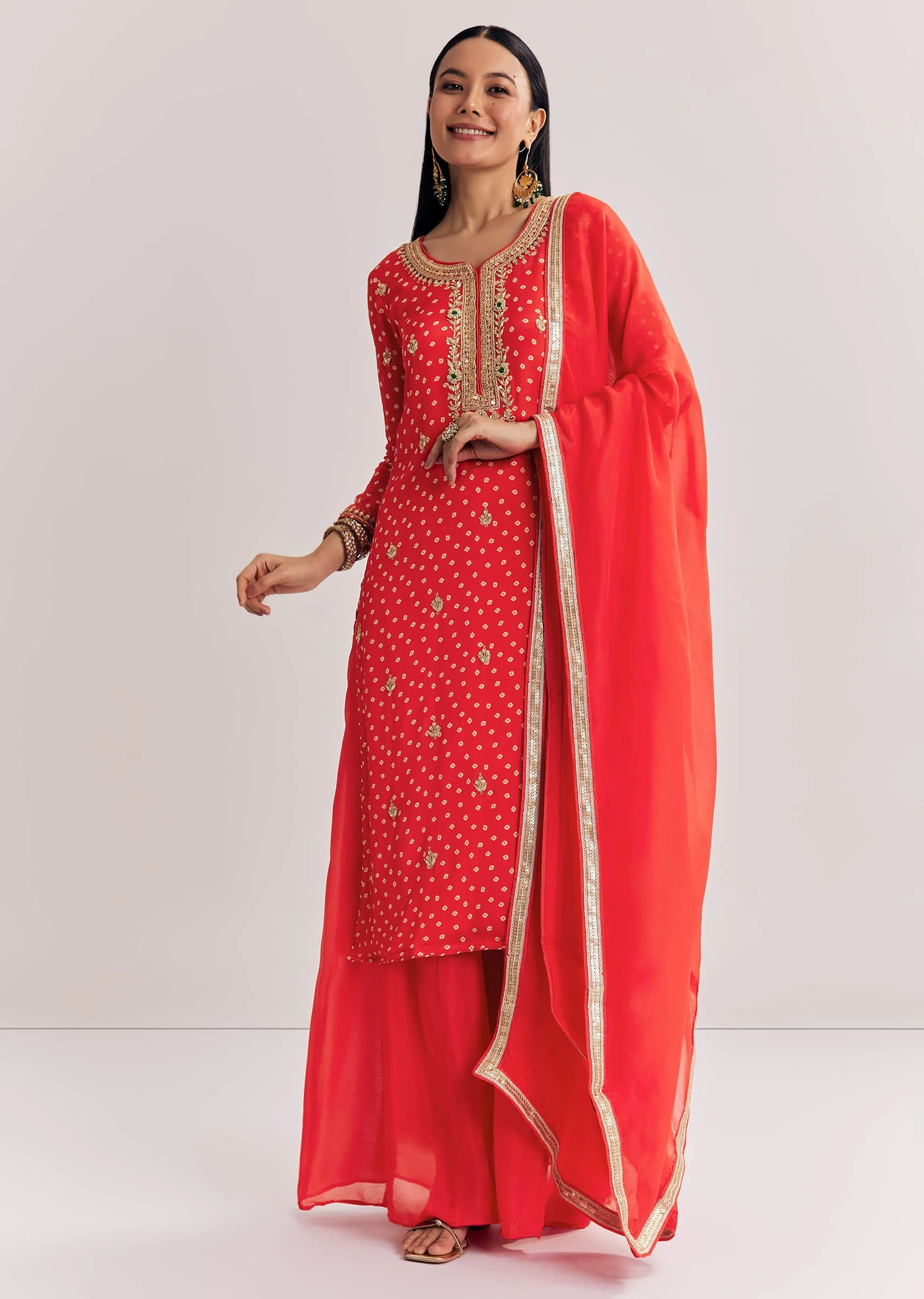 Bright Orange Bandhani Kurta Palazzo Suit With Sequins And Zardosi Work - Image 4